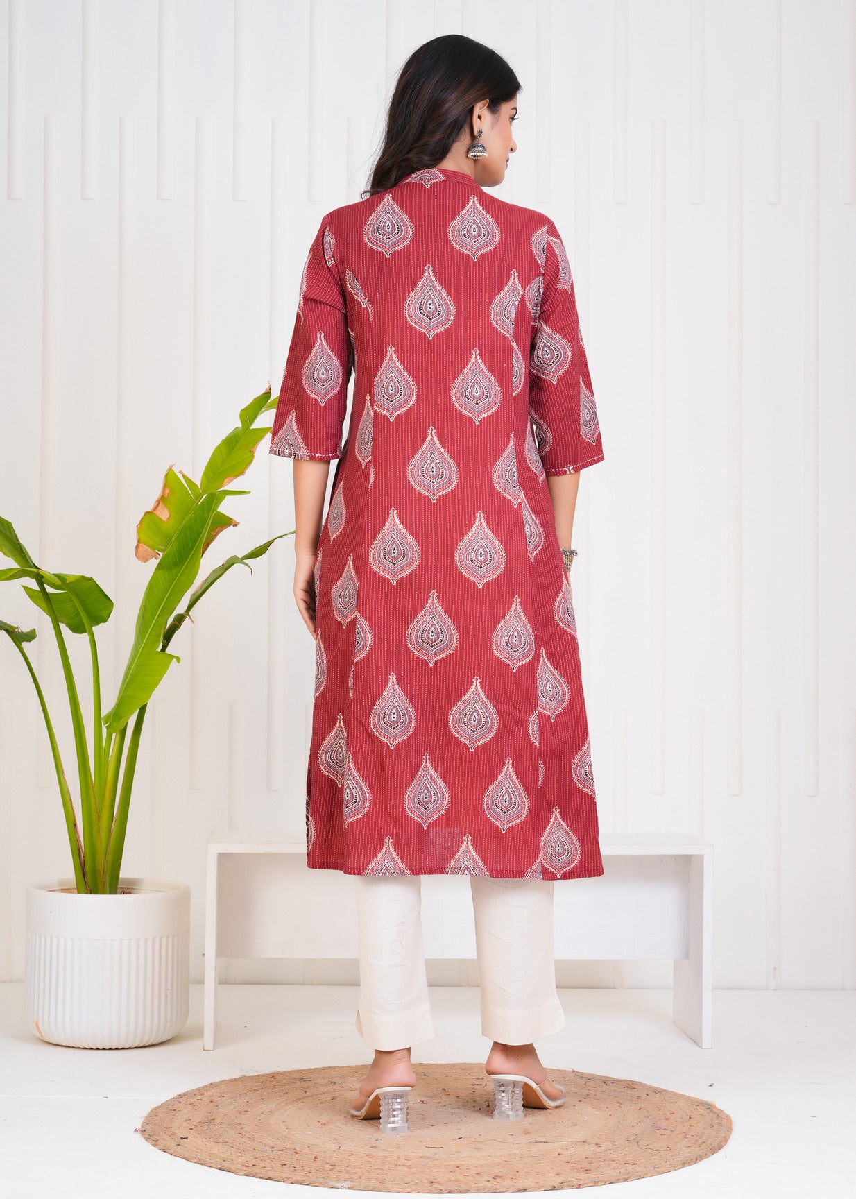 Maroon With Floral Print Cotton Kurti