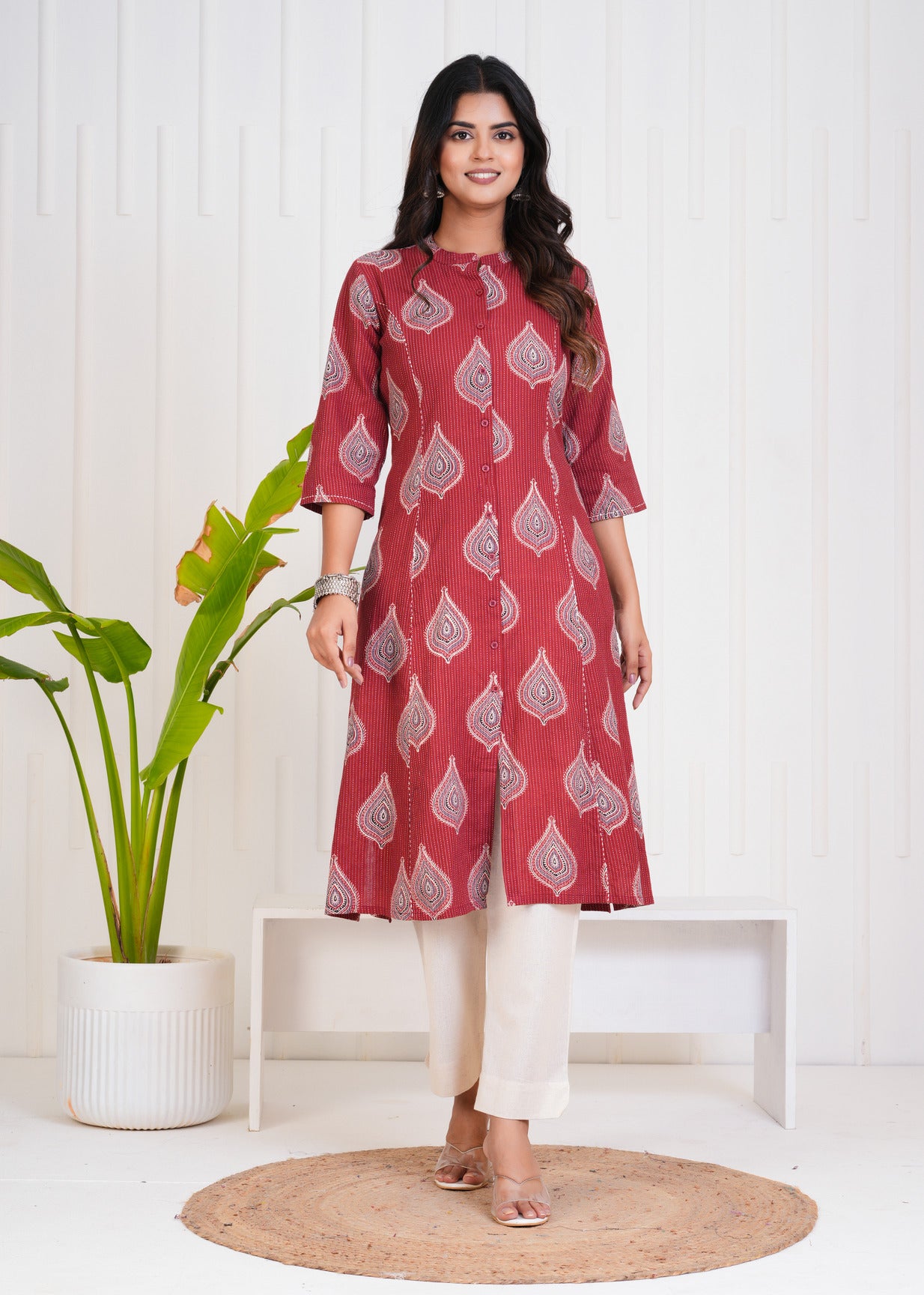 Maroon With Floral Print Cotton Kurti