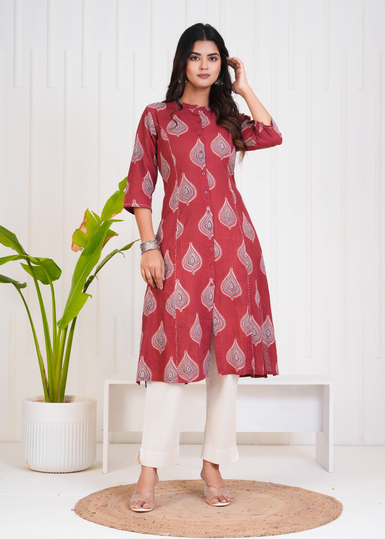 Maroon With Floral Print Cotton Kurti