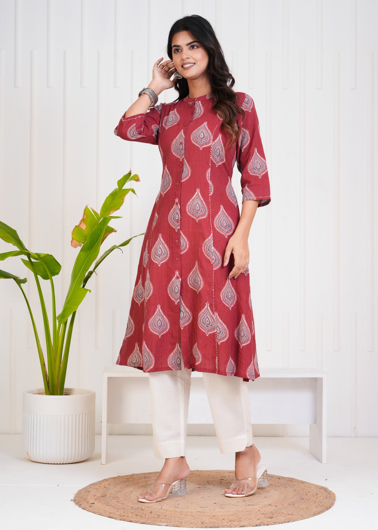 Maroon With Floral Print Cotton Kurti