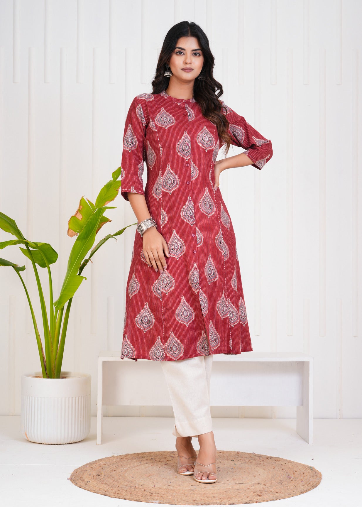 Maroon With Floral Print Cotton Kurti