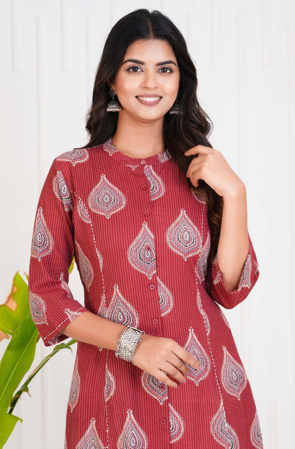 Maroon With Floral Print Cotton Kurti