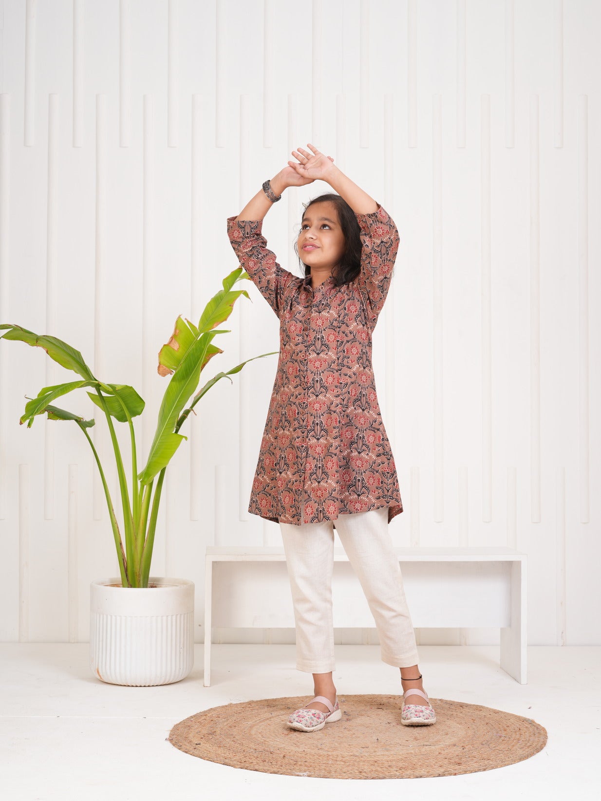 Brown With Floral Print Cotton Kurti