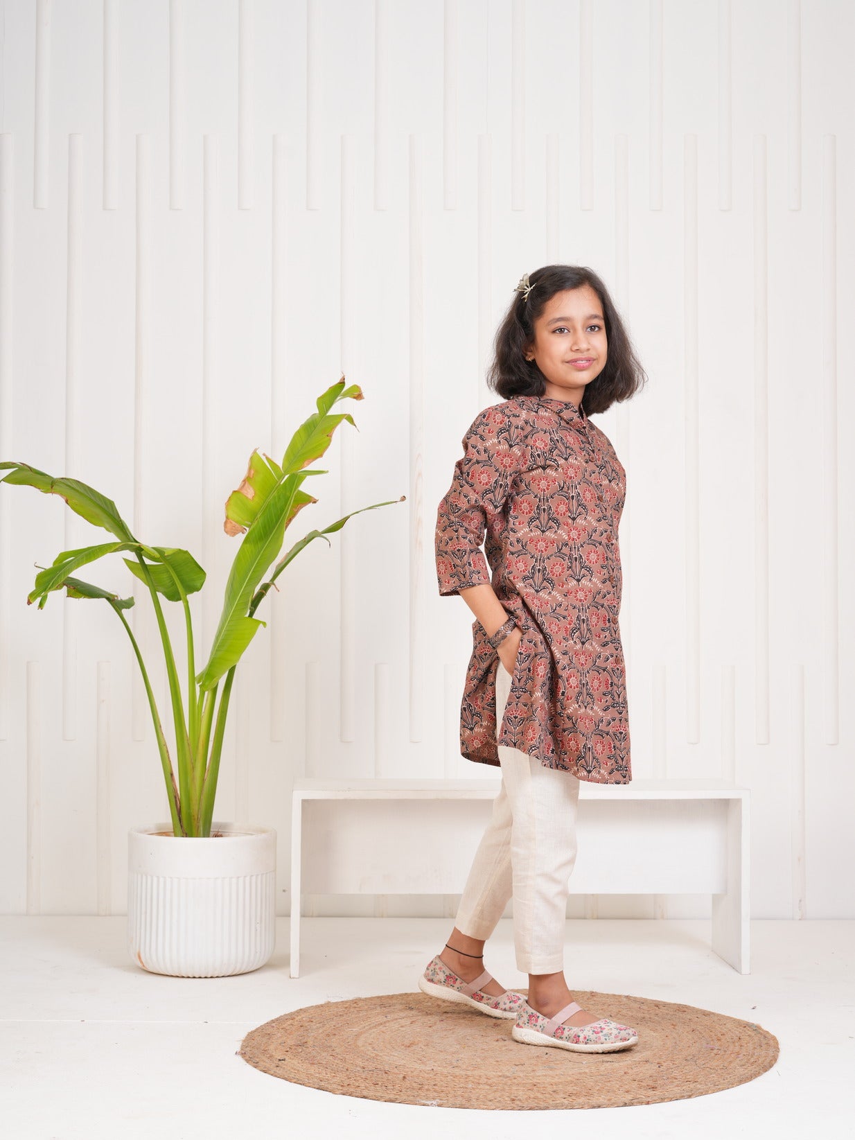 Brown With Floral Print Cotton Kurti