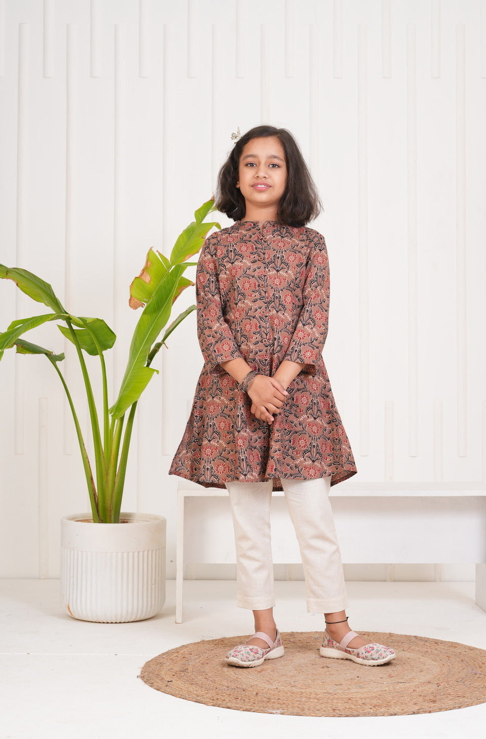 Brown With Floral Print Cotton Kurti