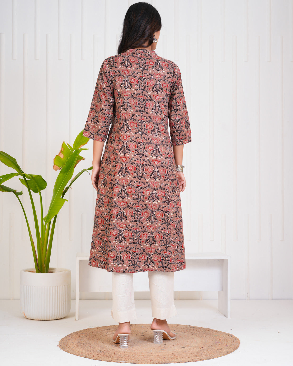 Brown With Floral Print Cotton Kurti