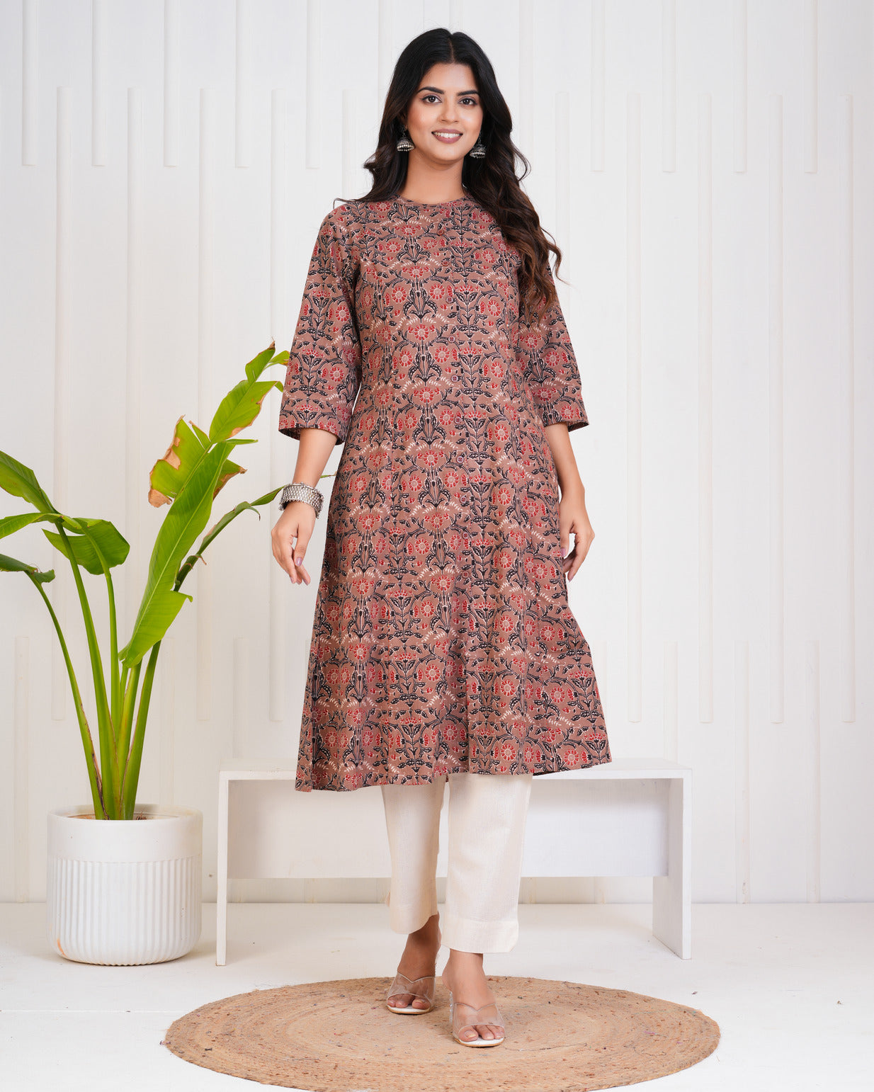 Brown With Floral Print Cotton Kurti