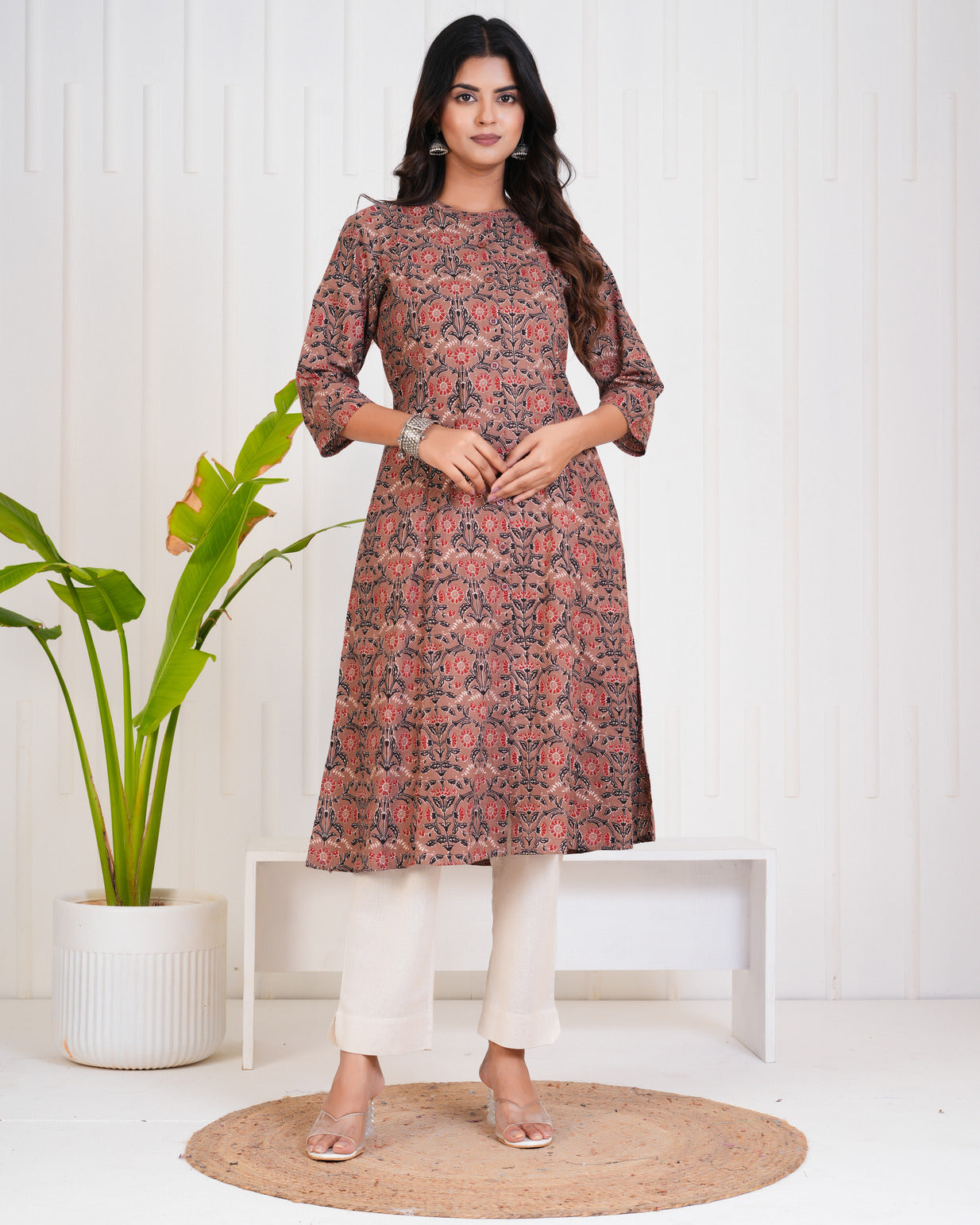 Brown With Floral Print Cotton Kurti