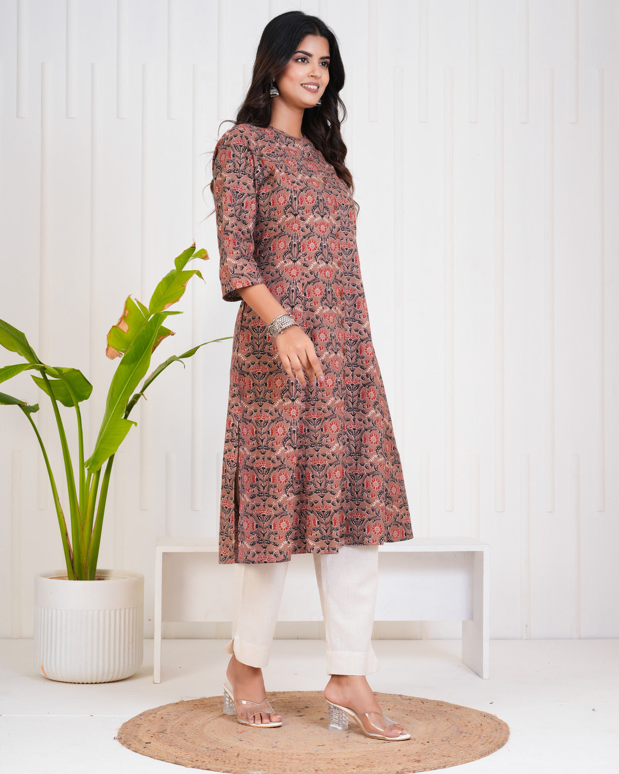 Brown With Floral Print Cotton Kurti