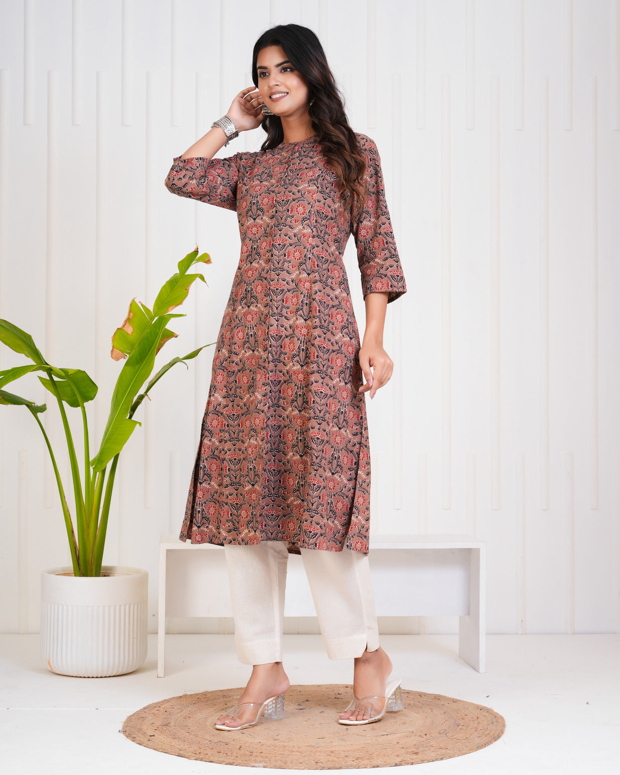 Brown With Floral Print Cotton Kurti