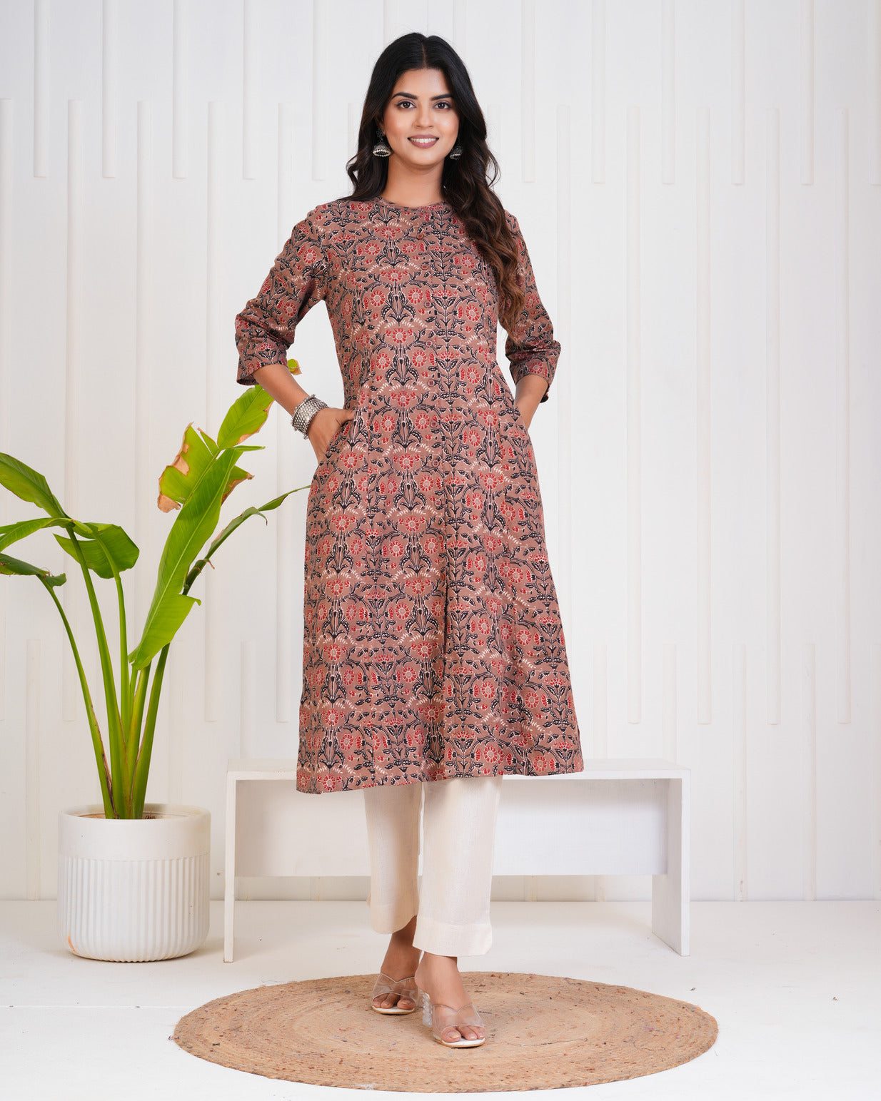 Brown With Floral Print Cotton Kurti