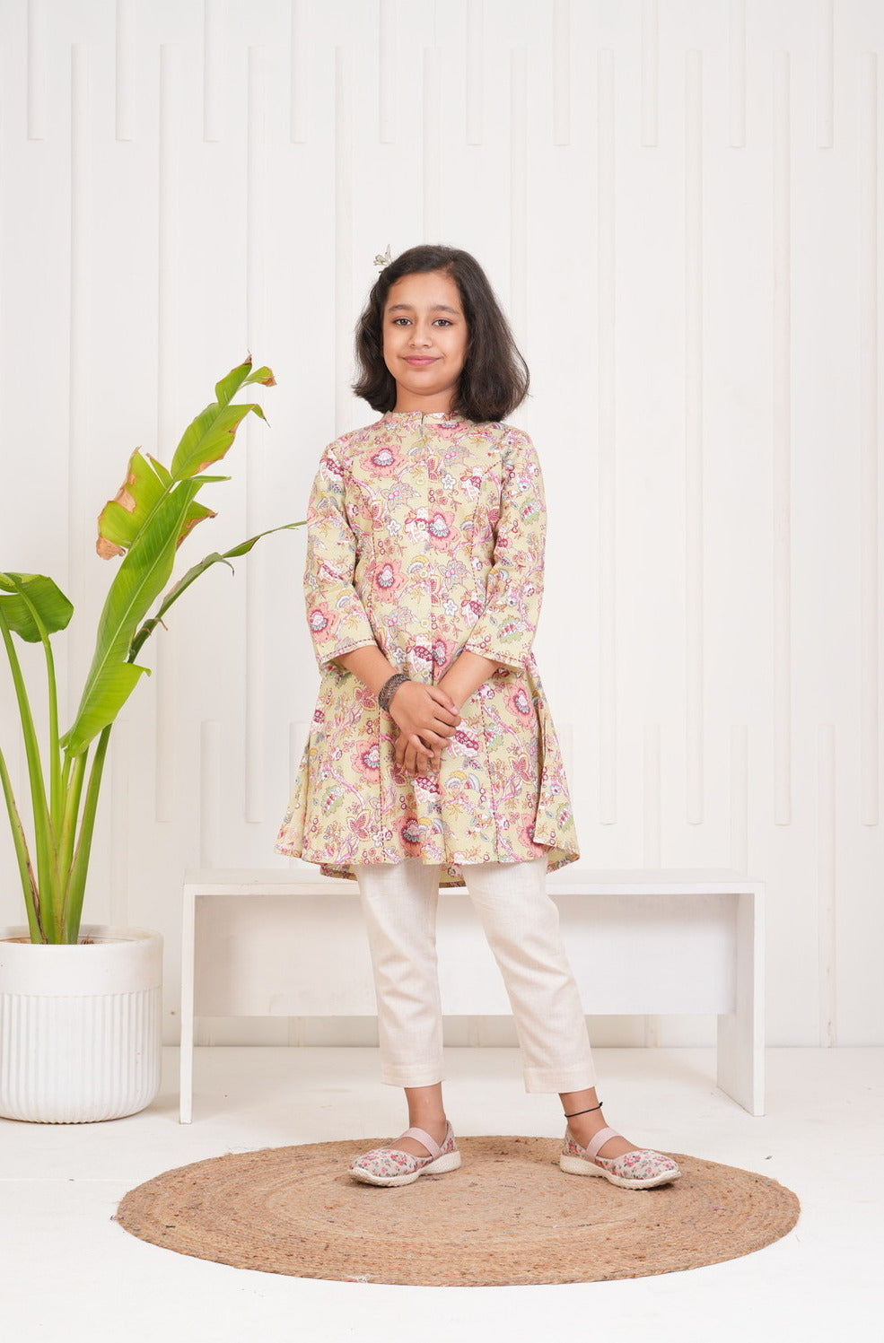 Olive With Floral Print Cotton Kurti