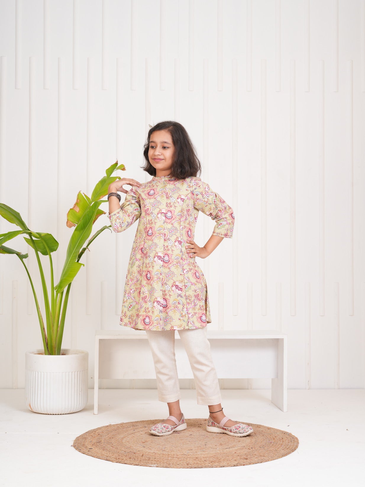 Olive With Floral Print Cotton Kurti