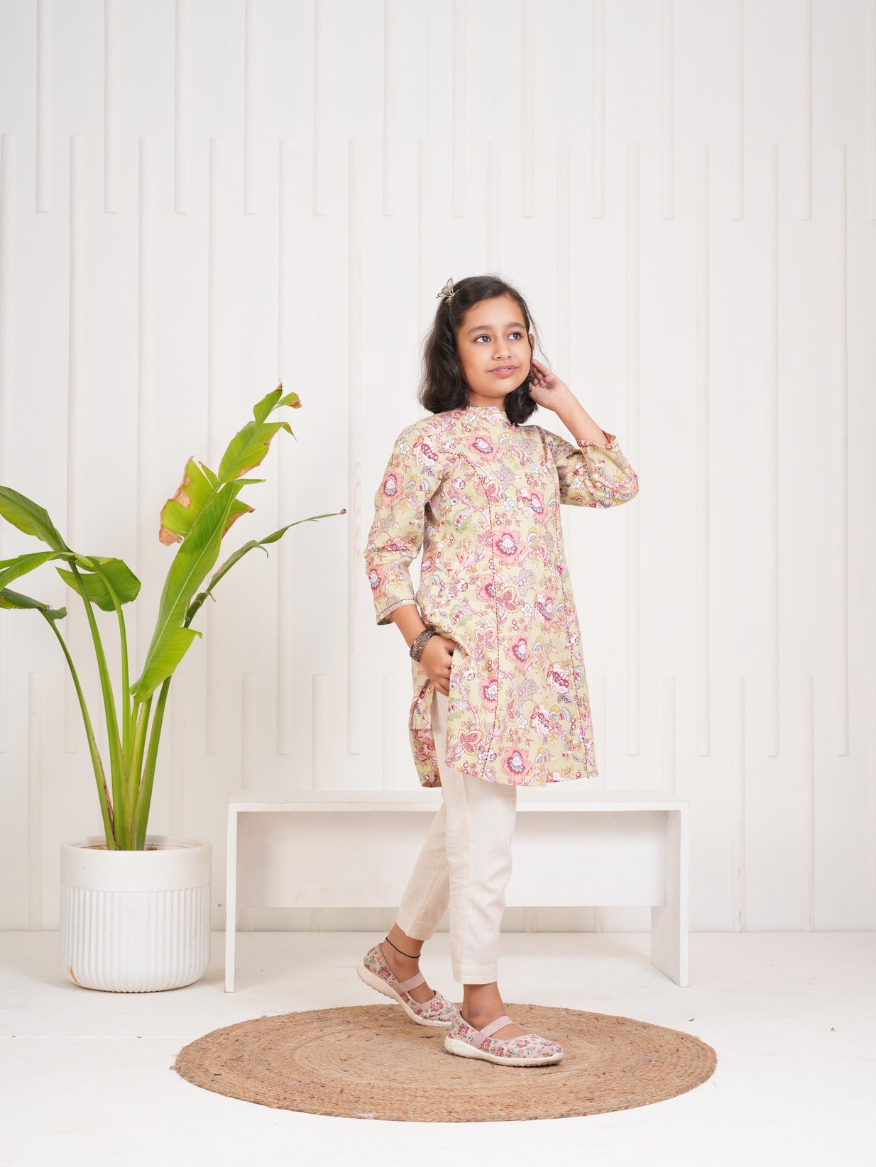 Olive With Floral Print Cotton Kurti