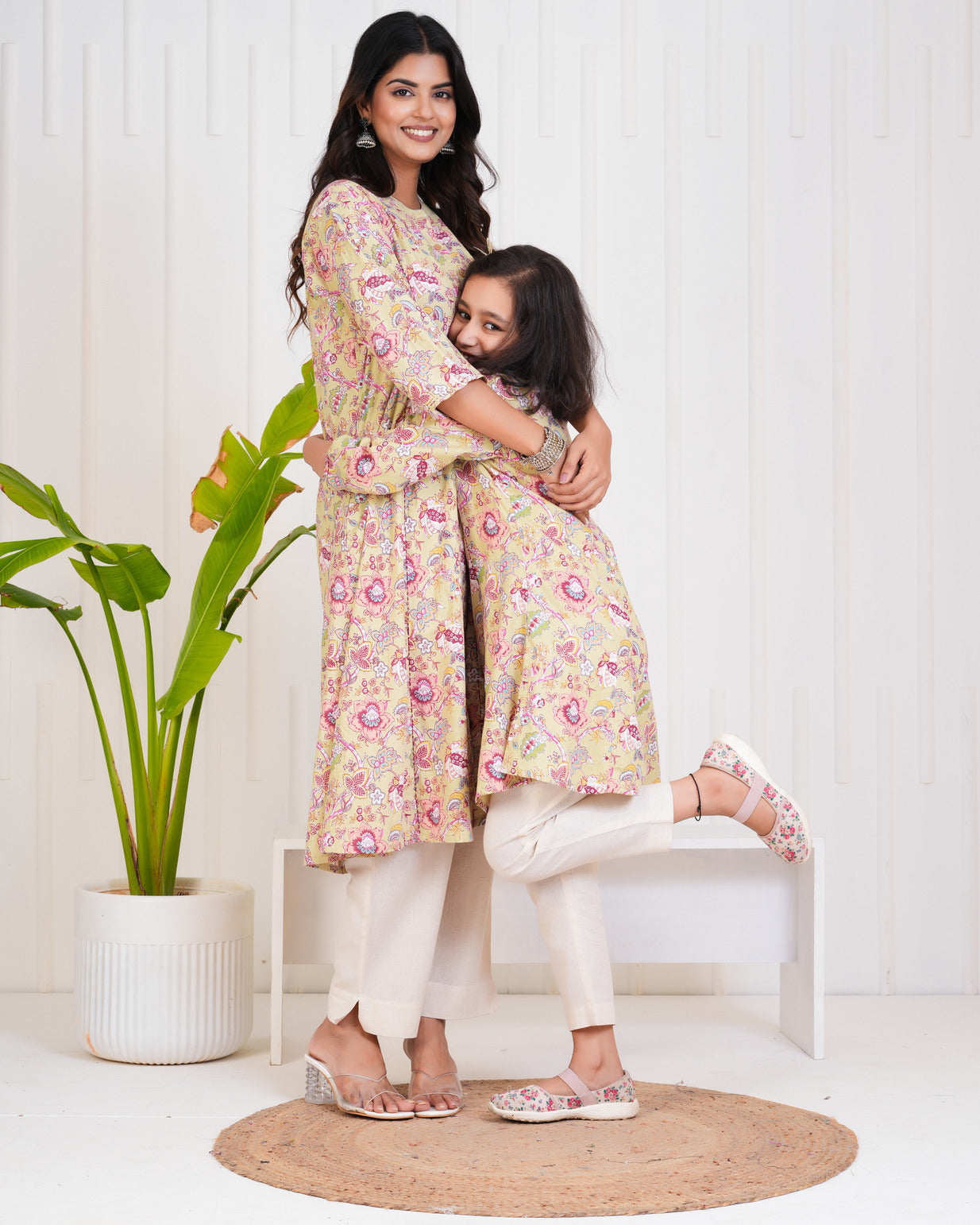 Olive With Floral Print Cotton Kurti