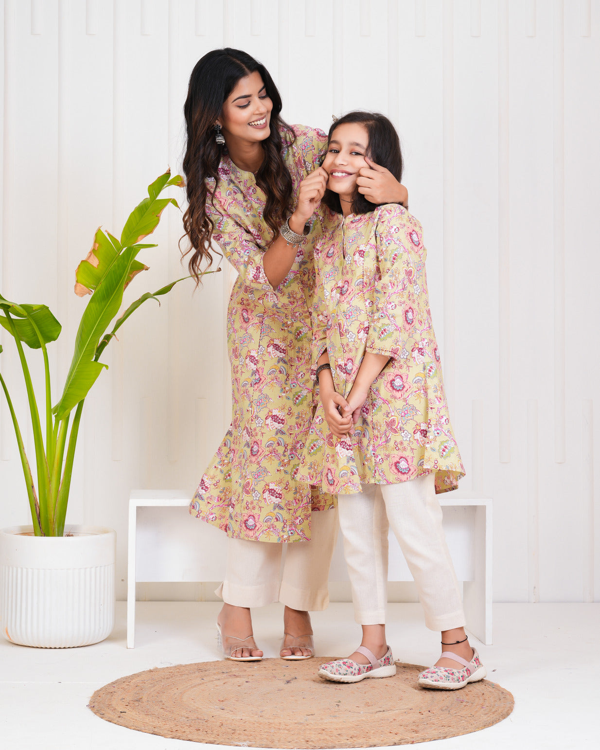 Olive With Floral Print Cotton Kurti