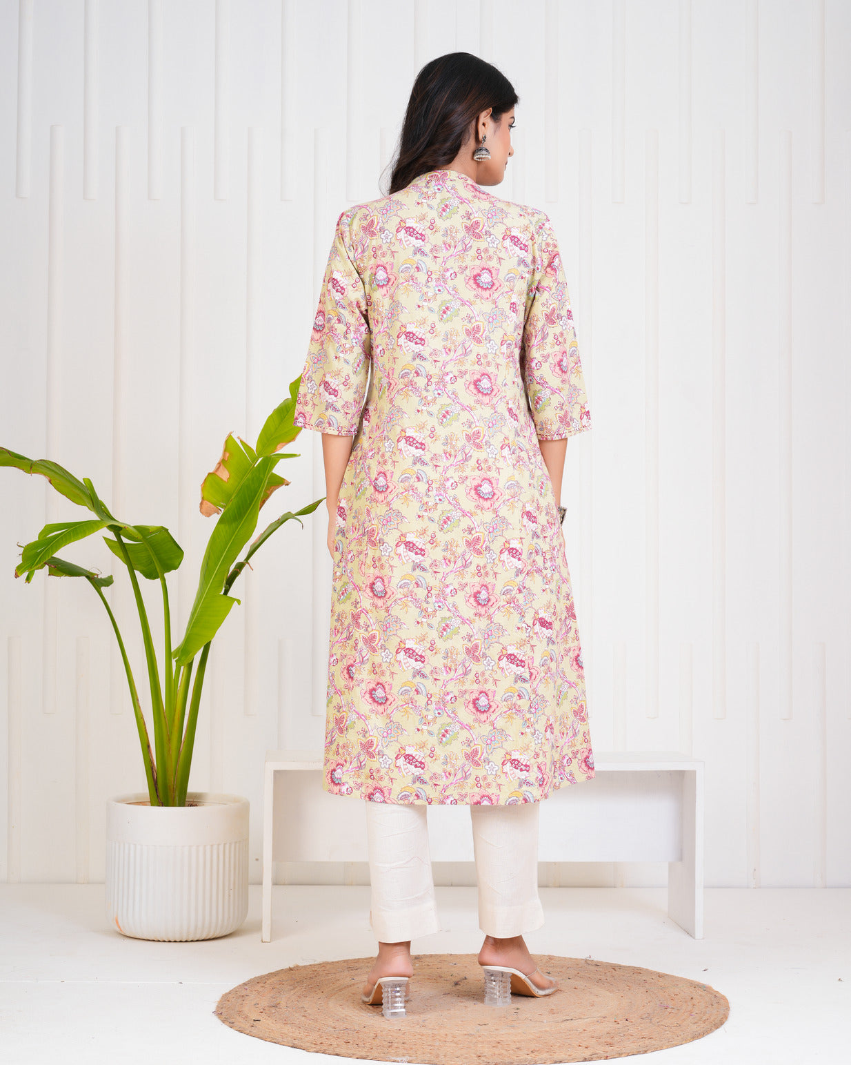 Olive With Floral Print Cotton Kurti