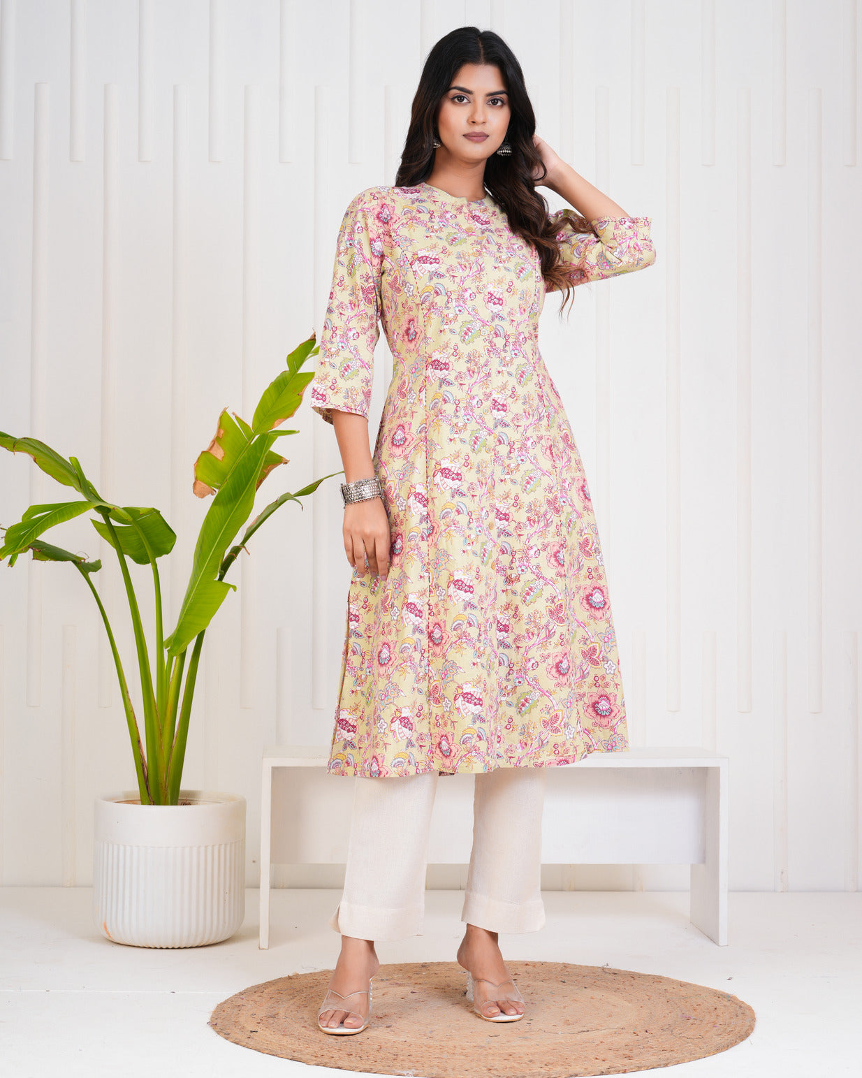 Olive With Floral Print Cotton Kurti