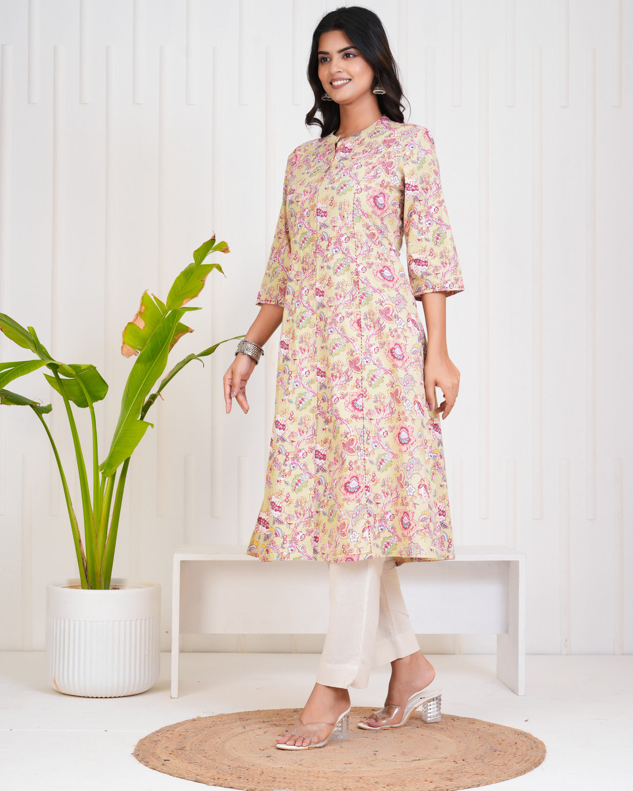 Olive With Floral Print Cotton Kurti