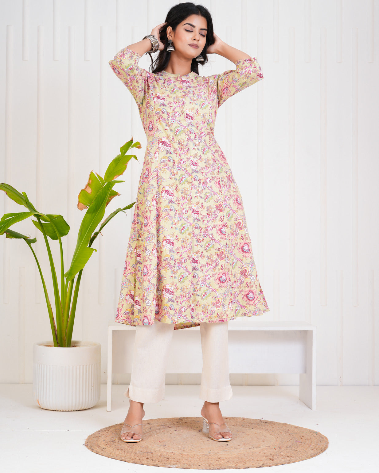 Olive With Floral Print Cotton Kurti