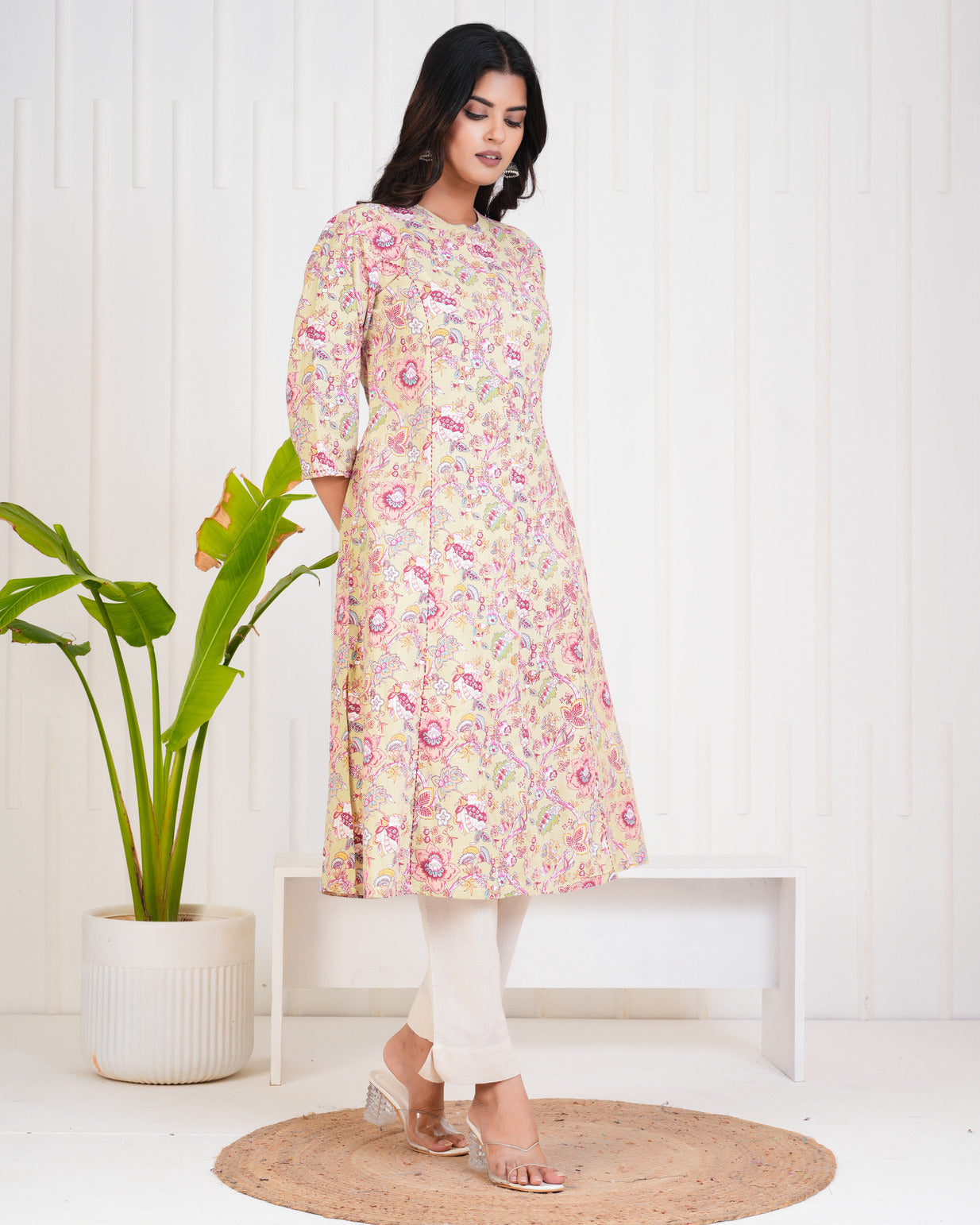 Olive With Floral Print Cotton Kurti