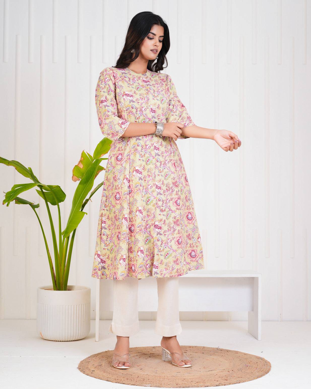 Olive With Floral Print Cotton Kurti