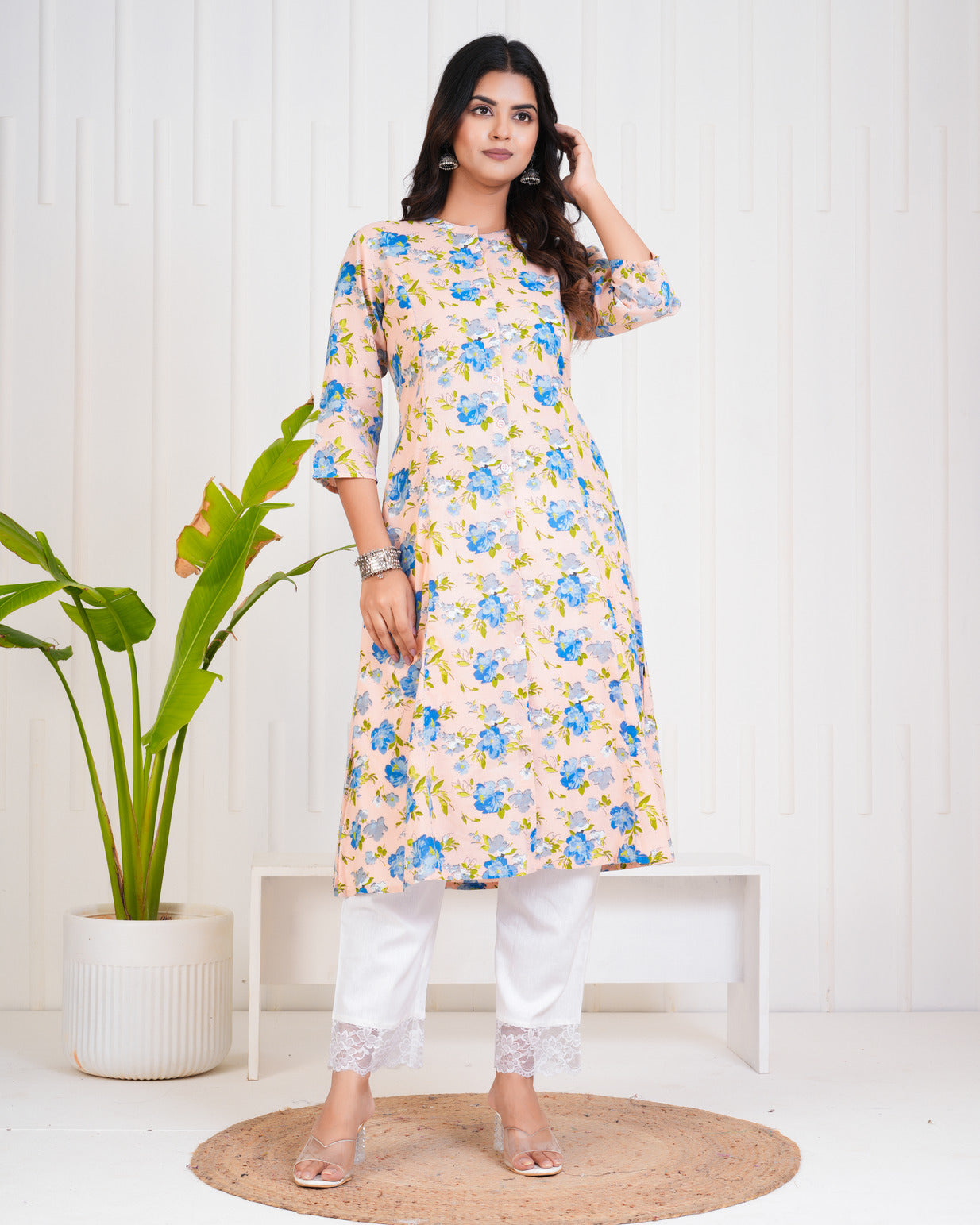 Peach With Floral Print Cotton Kurti