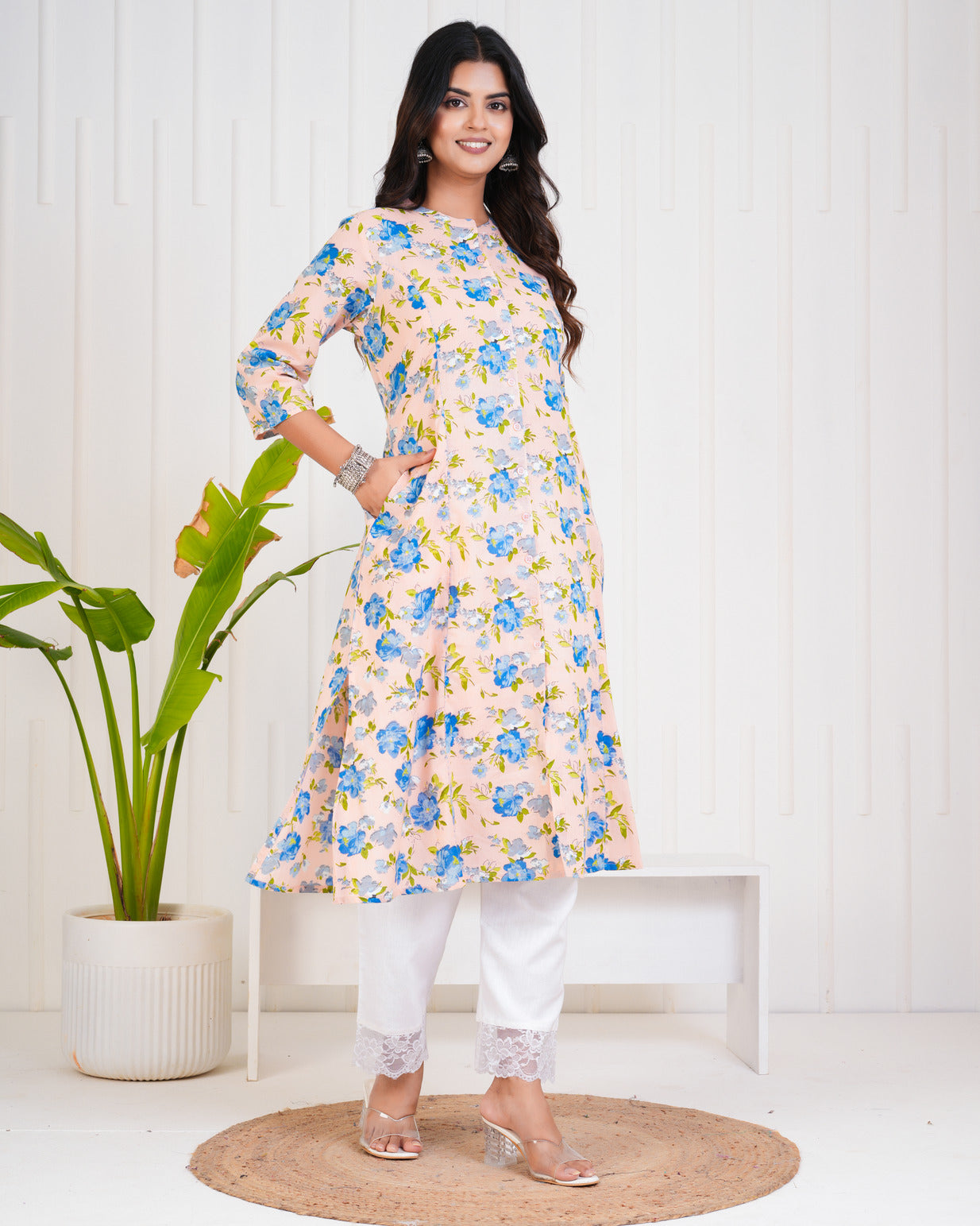 Peach With Floral Print Cotton Kurti