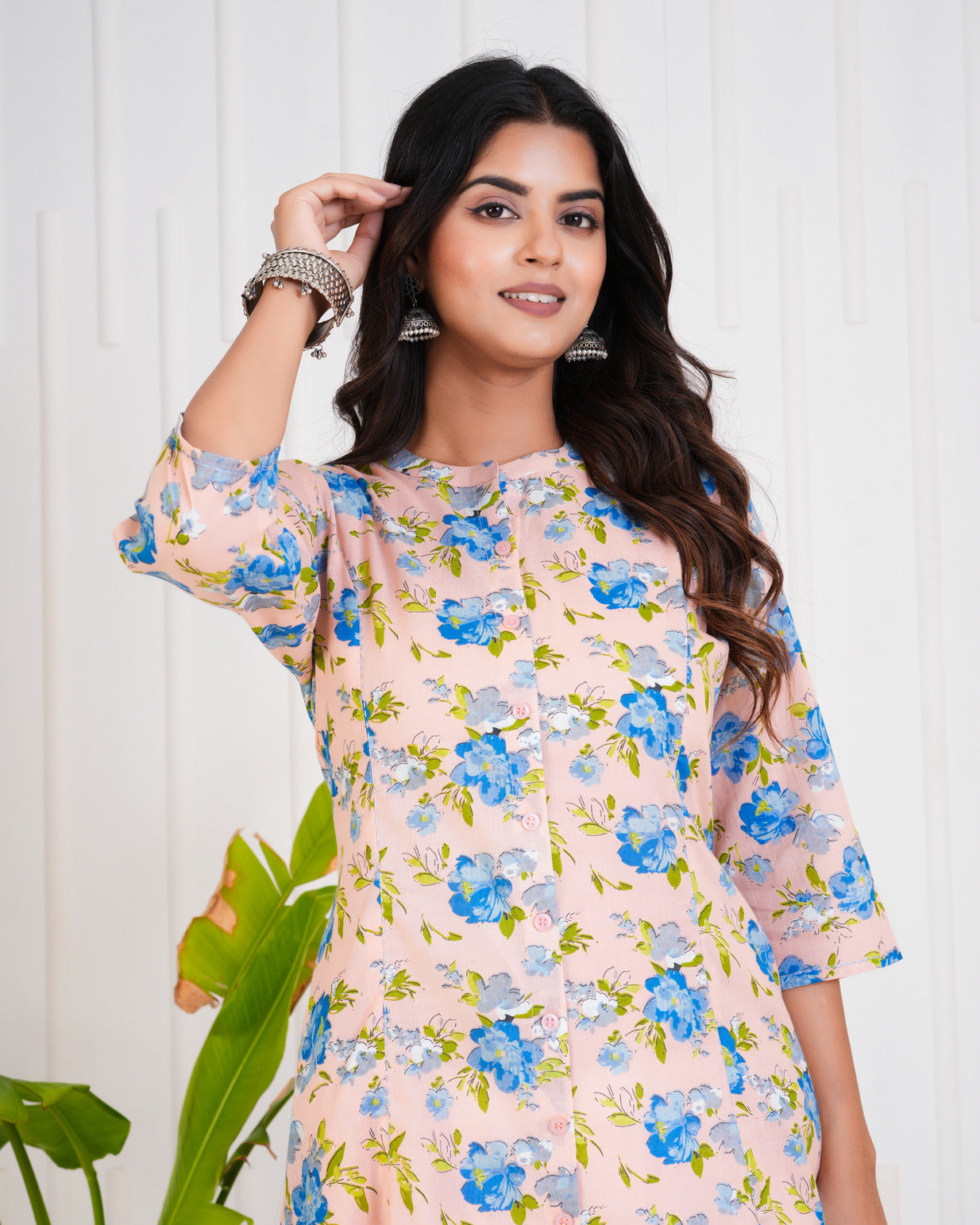 Peach With Floral Print Cotton Kurti