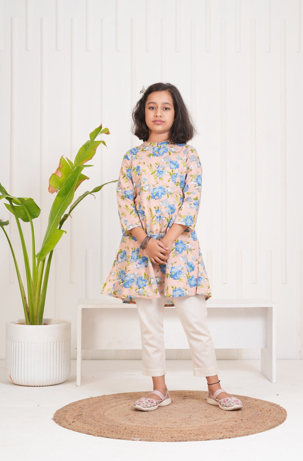 Peach With Floral Print Cotton Kurti