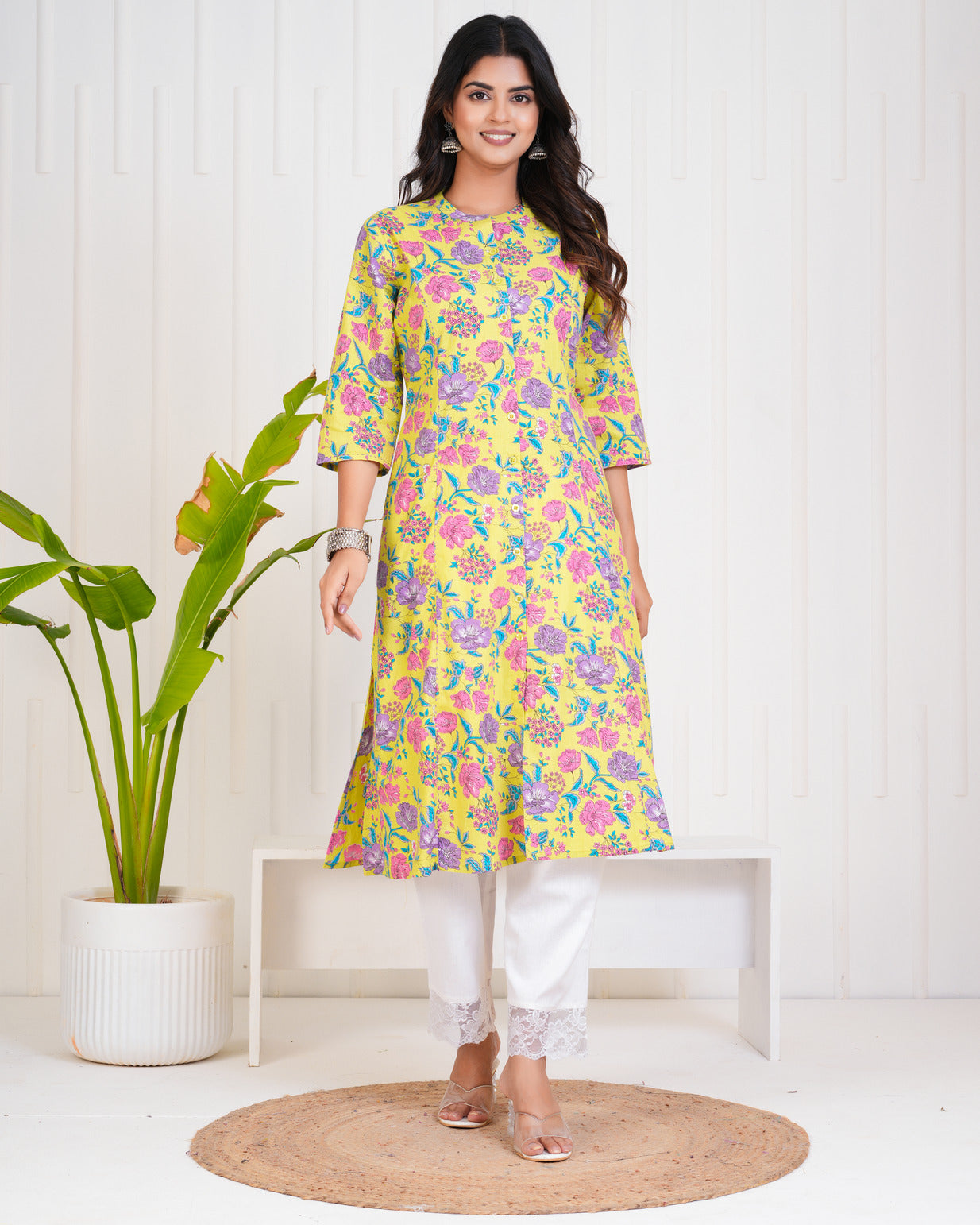 Light Green With Floral Print Cotton Kurti