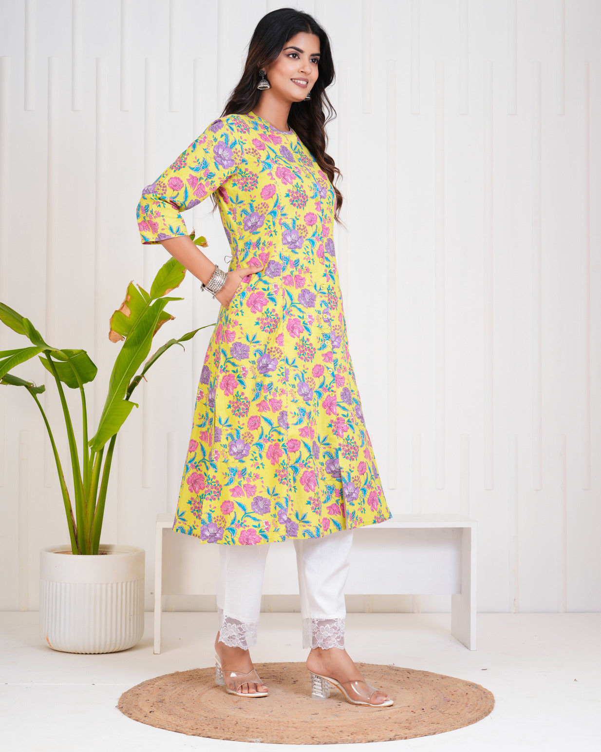 Light Green With Floral Print Cotton Kurti