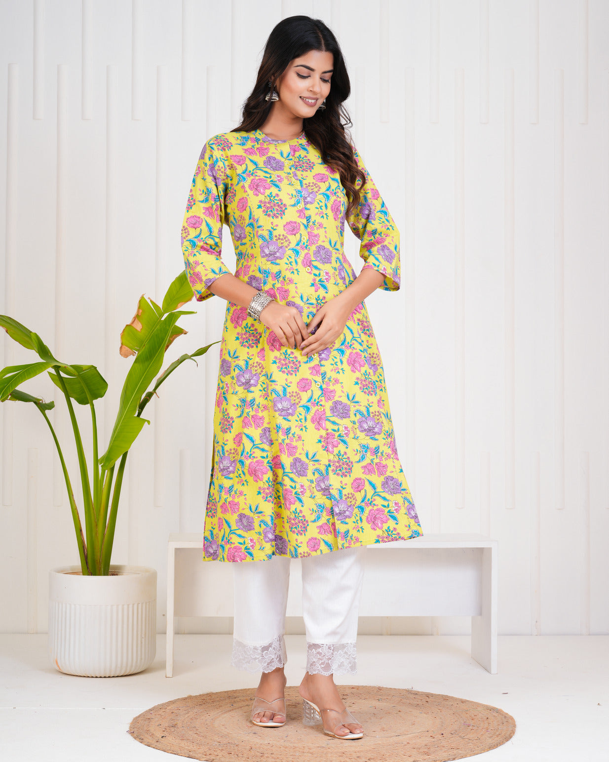 Light Green With Floral Print Cotton Kurti