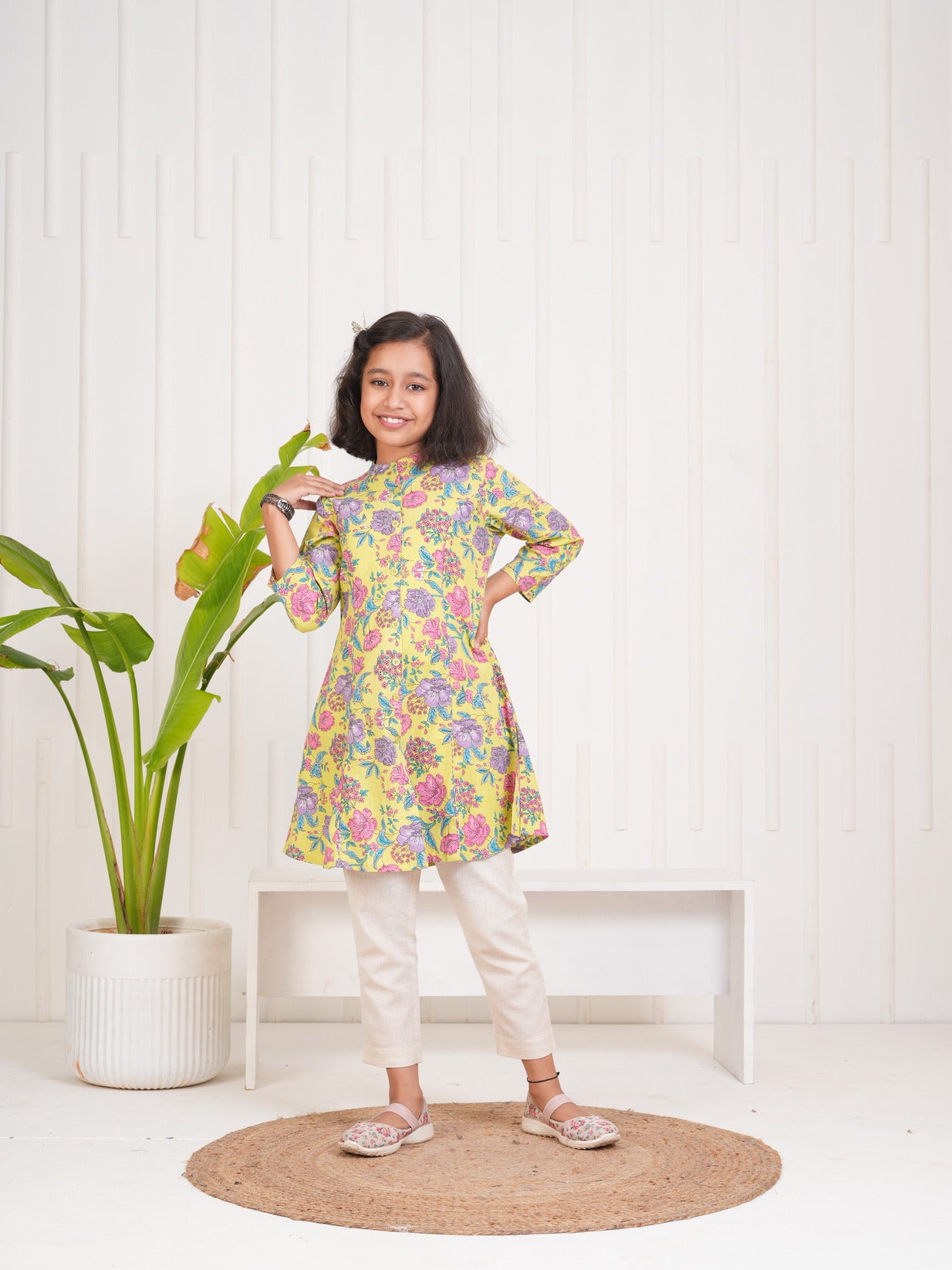 Yellow With Floral Print Cotton Kurti