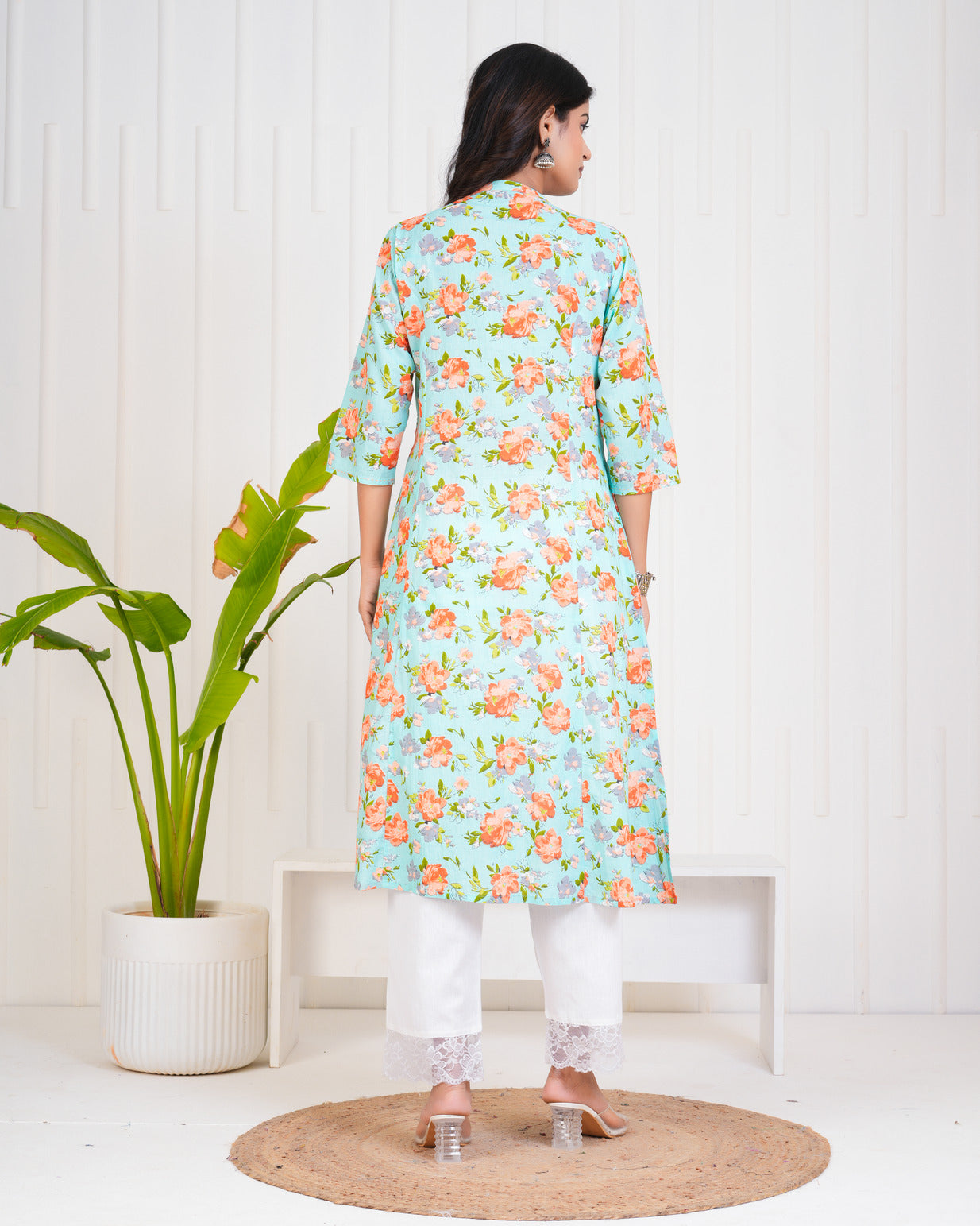 Sky Blue With Floral Print Cotton Kurti