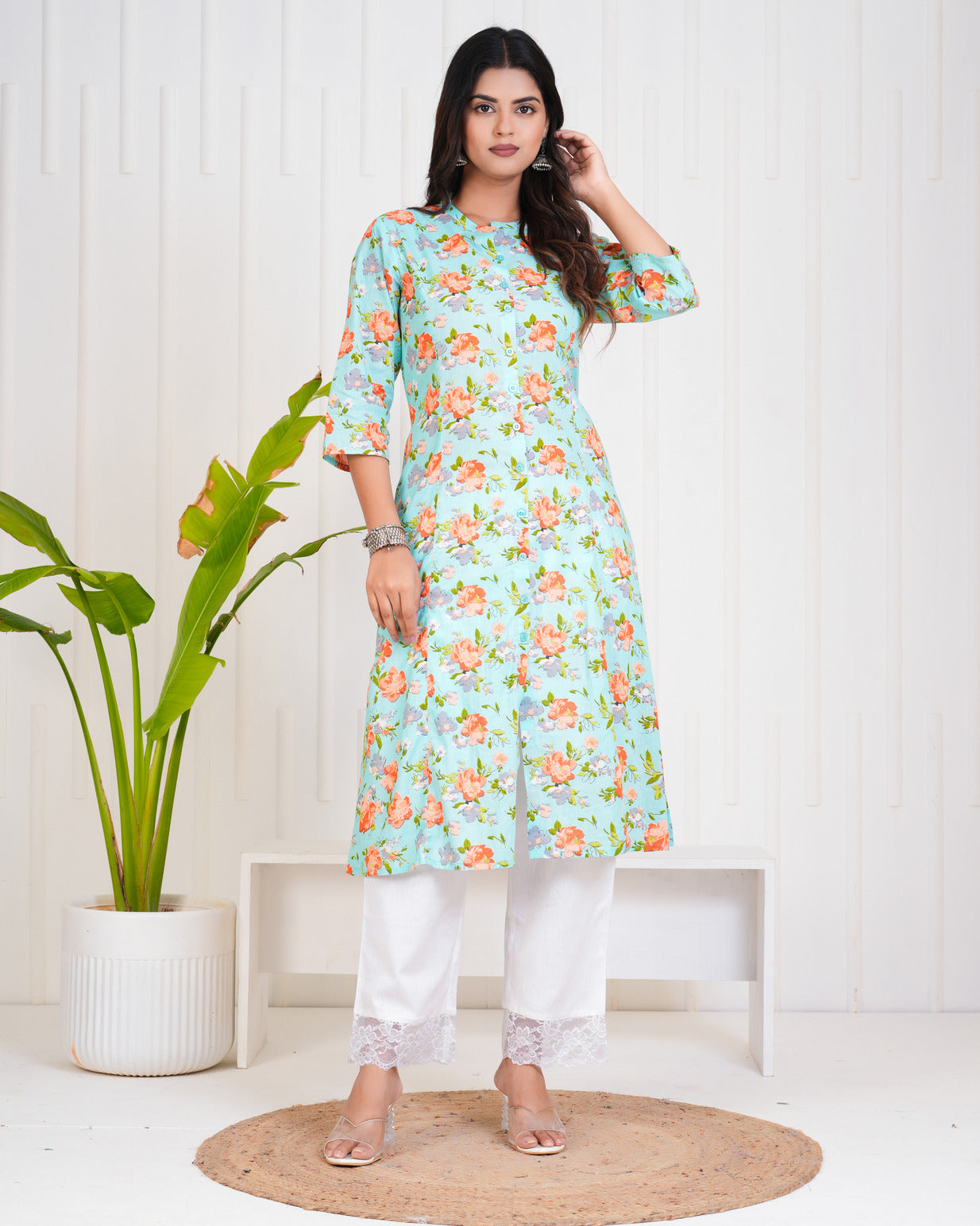 Sky Blue With Floral Print Cotton Kurti