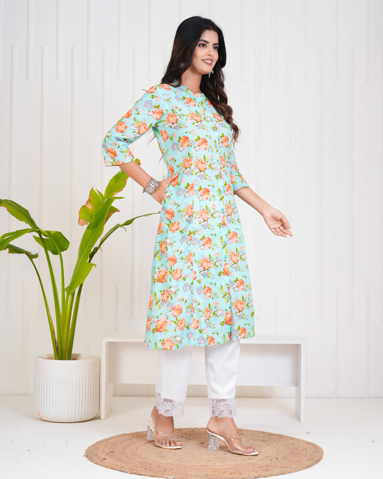 Sky Blue With Floral Print Cotton Kurti