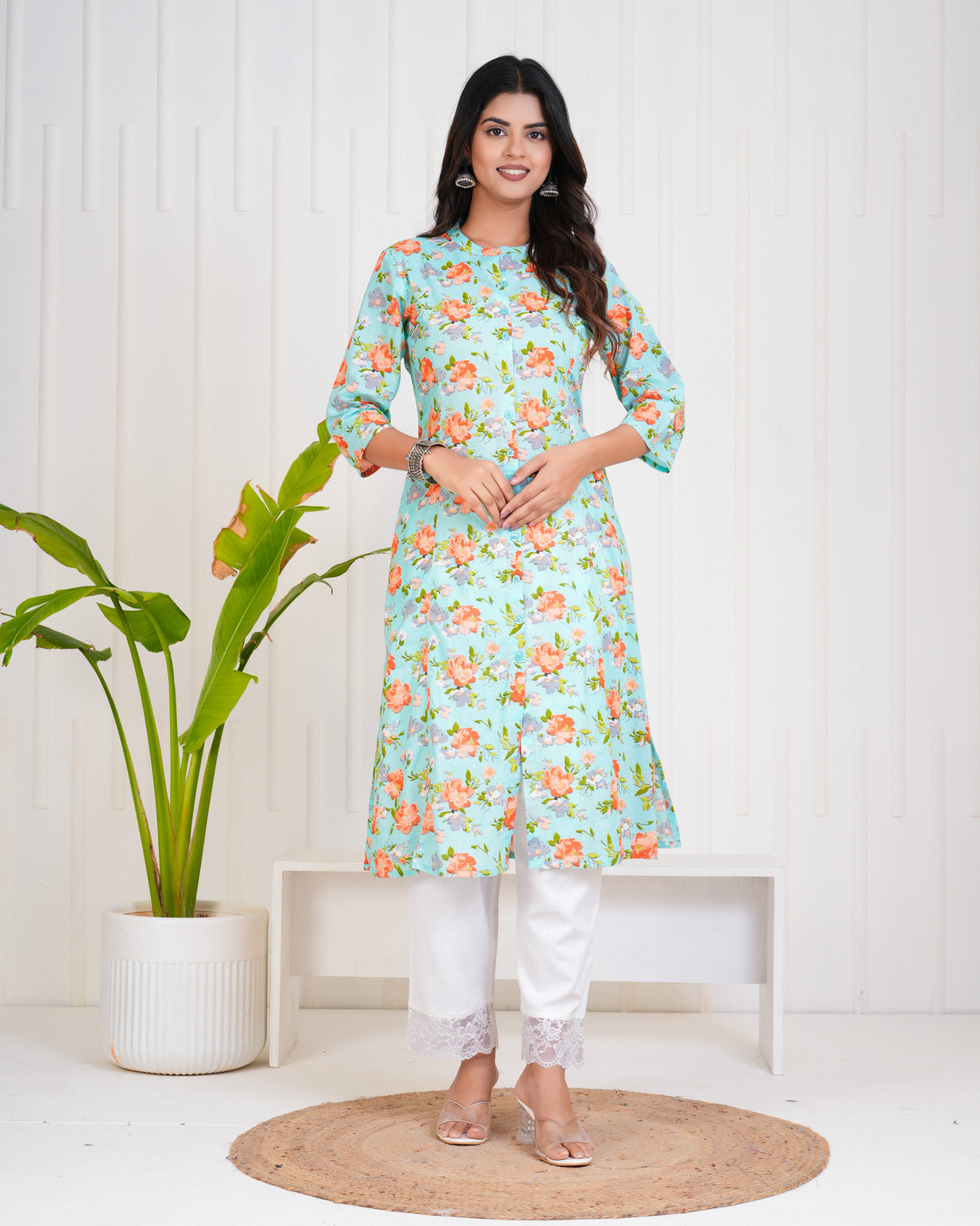 Sky Blue With Floral Print Cotton Kurti