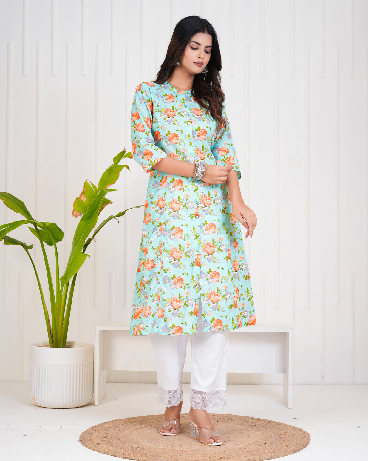 Sky Blue With Floral Print Cotton Kurti