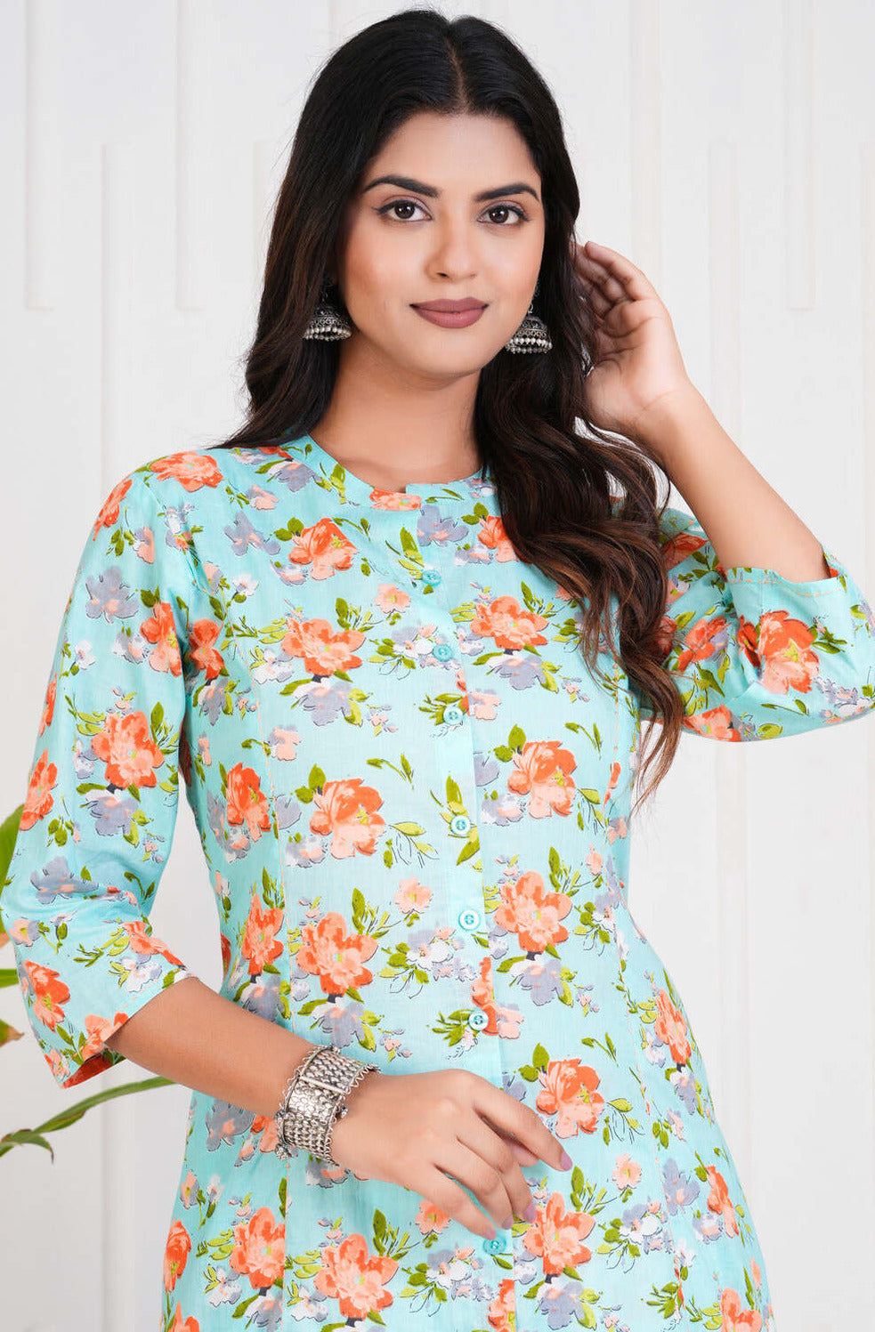 Sky Blue With Floral Print Cotton Kurti