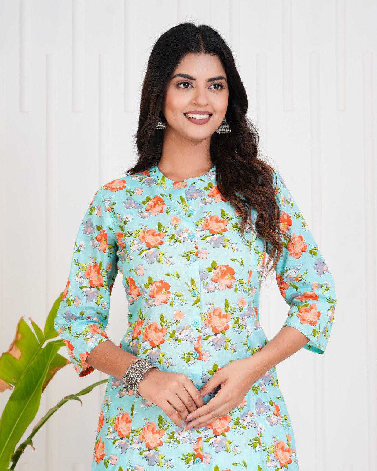 Sky Blue With Floral Print Cotton Kurti