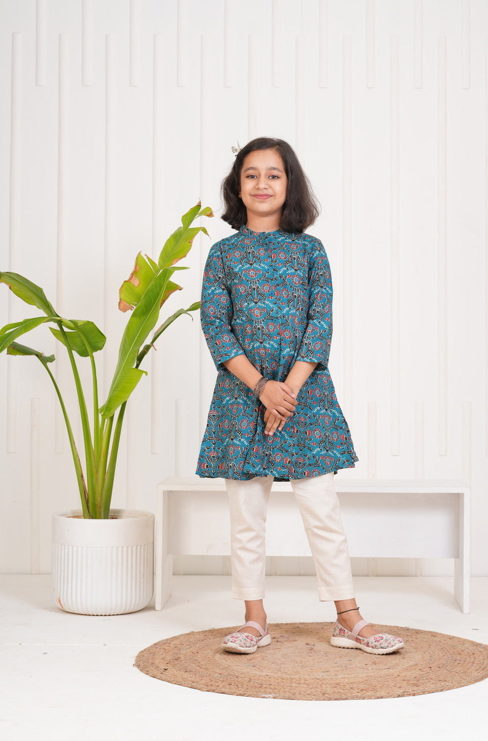 Blue With Floral Print Cotton Kurti