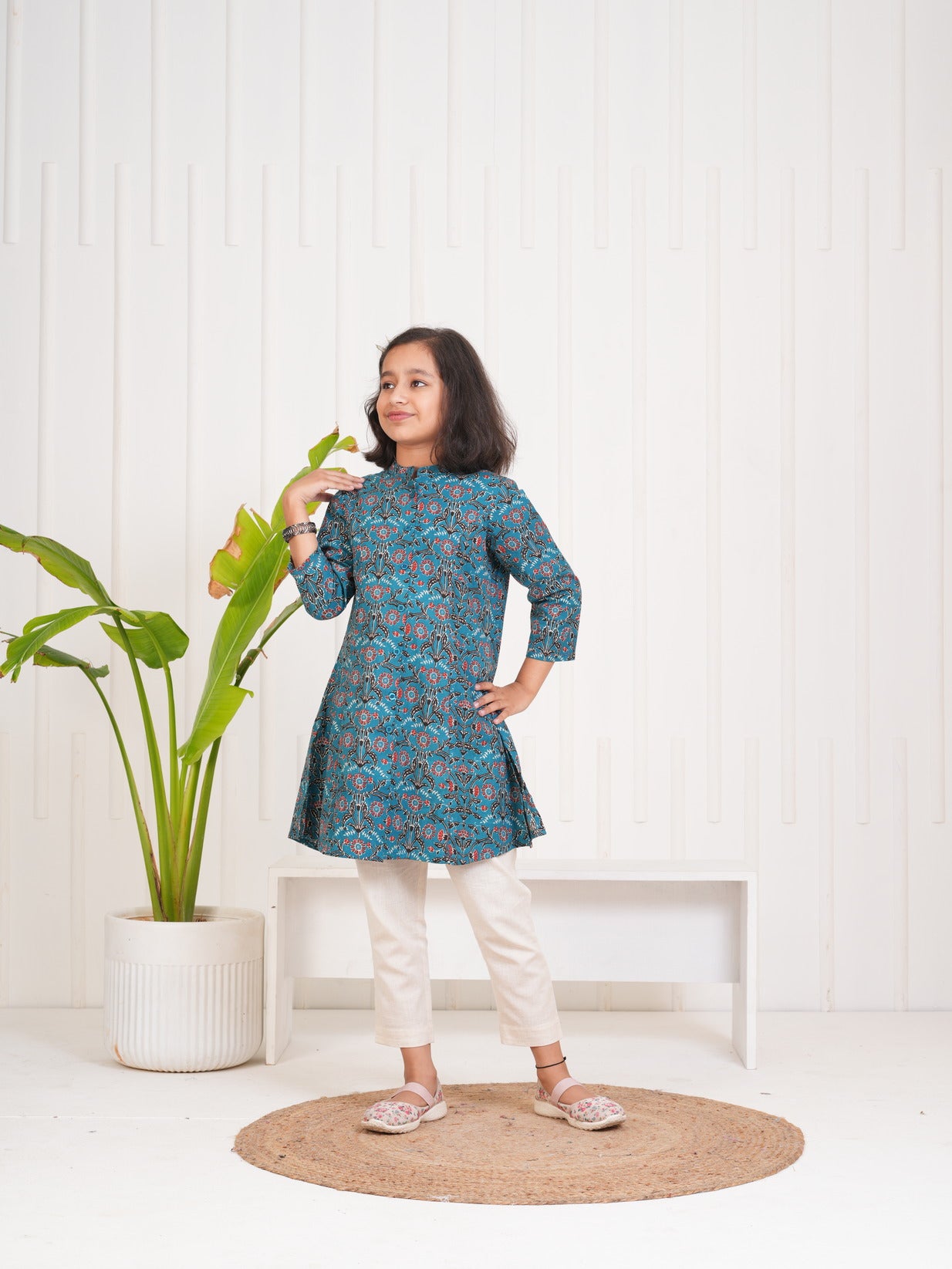 Blue With Floral Print Cotton Kurti