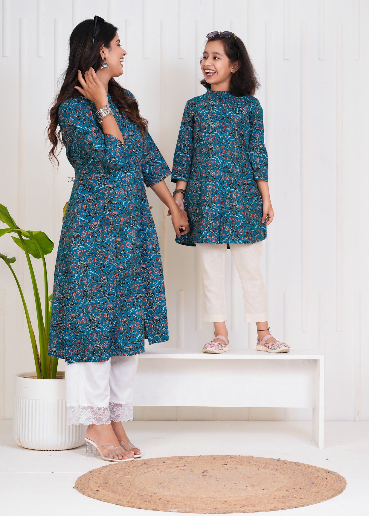 Blue With Floral Print Cotton Kurti