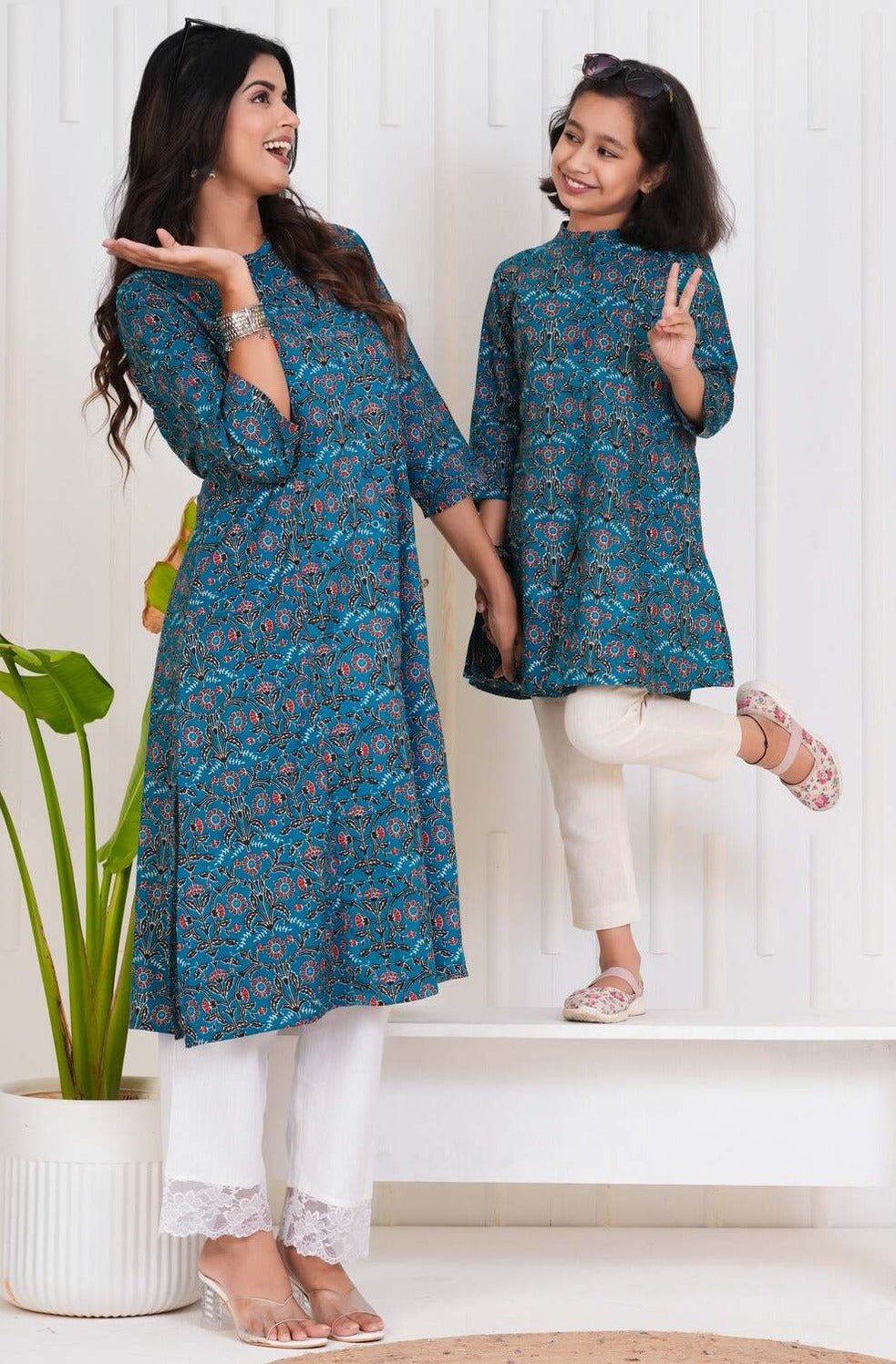 Blue With Floral Print Cotton Kurti