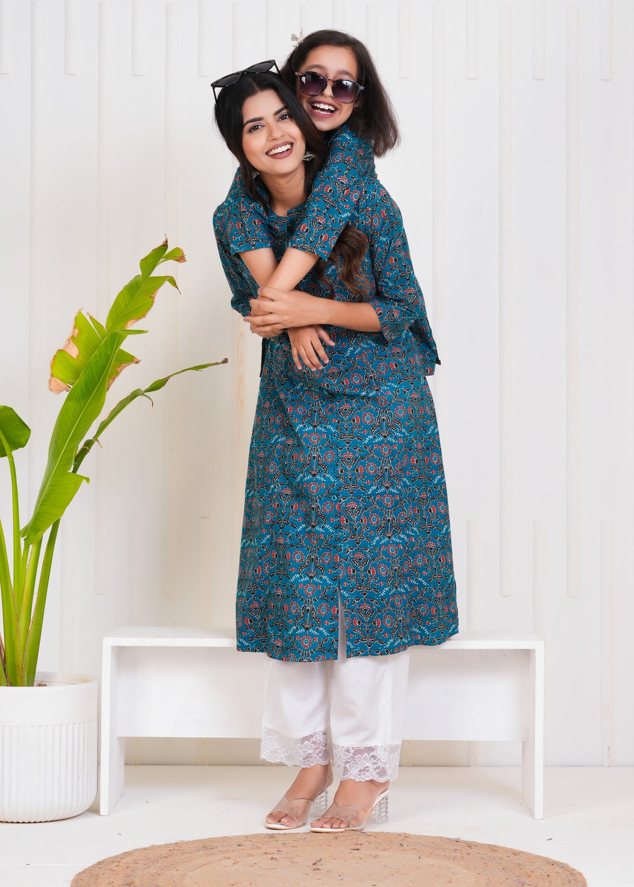 Blue With Floral Print Cotton Kurti