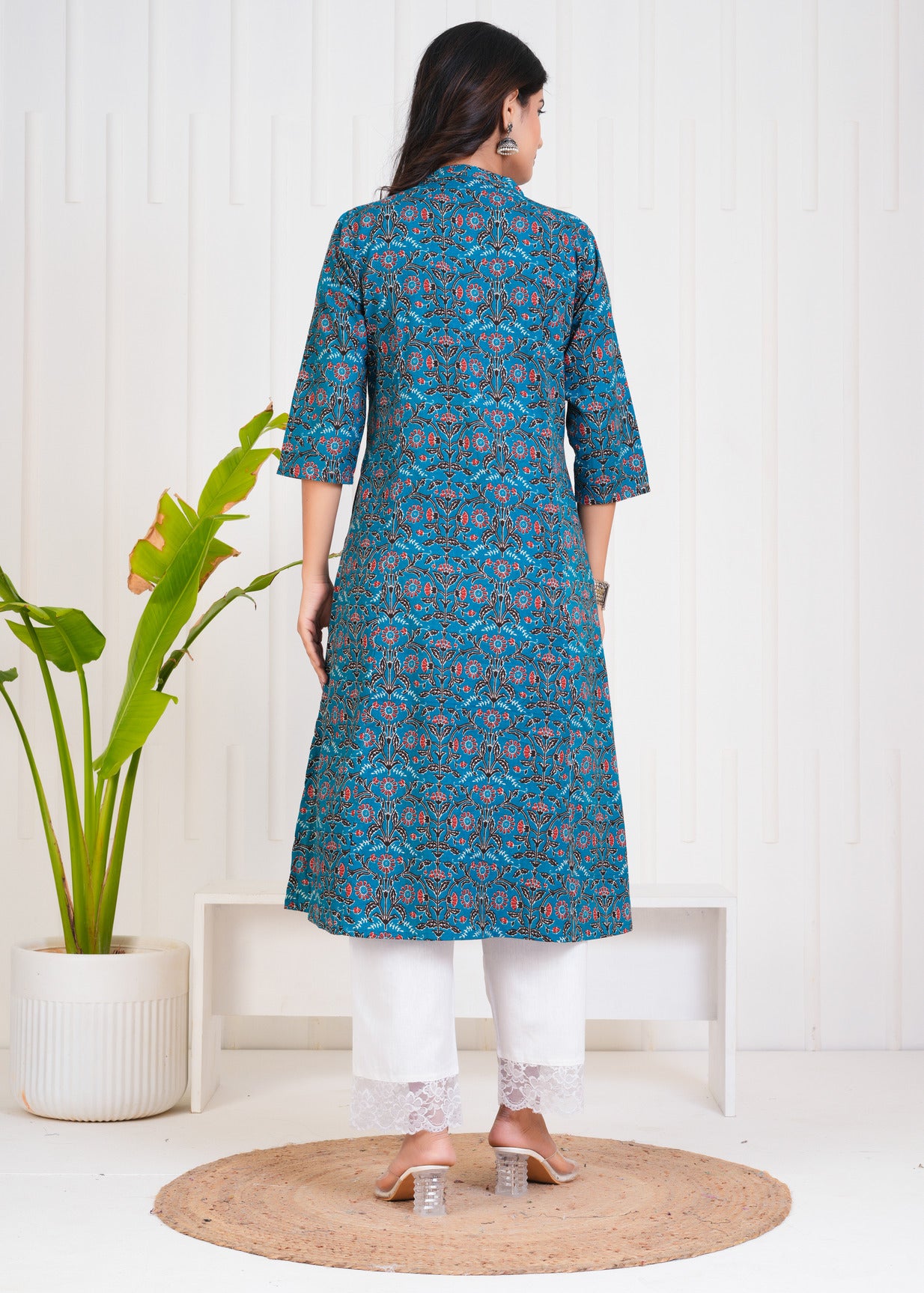 Navy Blue With Floral Print Cotton Kurti