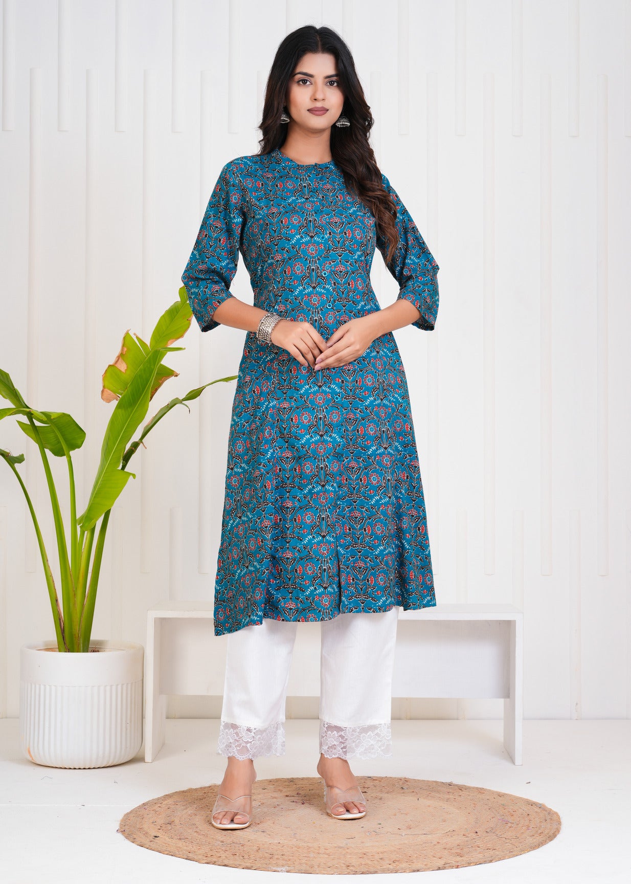 Navy Blue With Floral Print Cotton Kurti