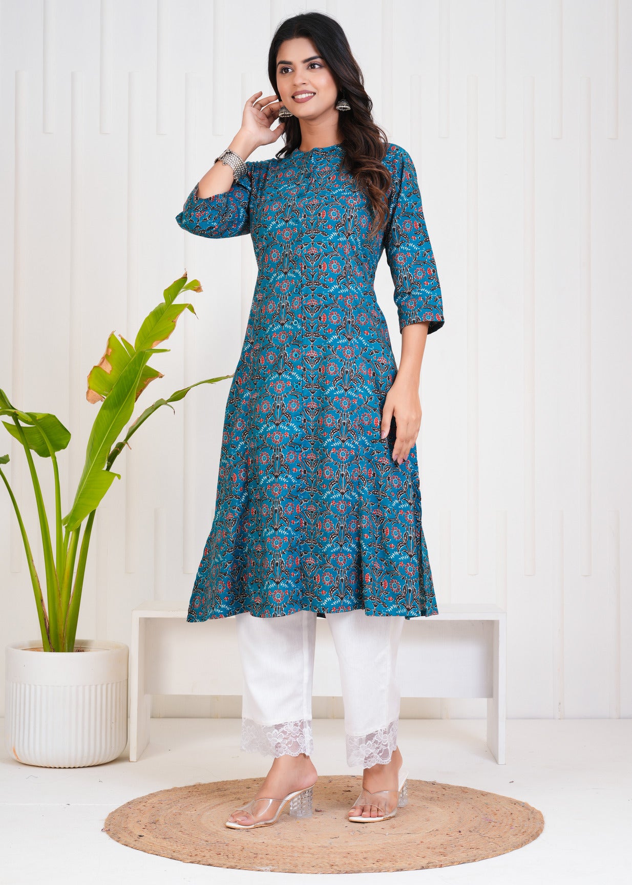 Navy Blue With Floral Print Cotton Kurti