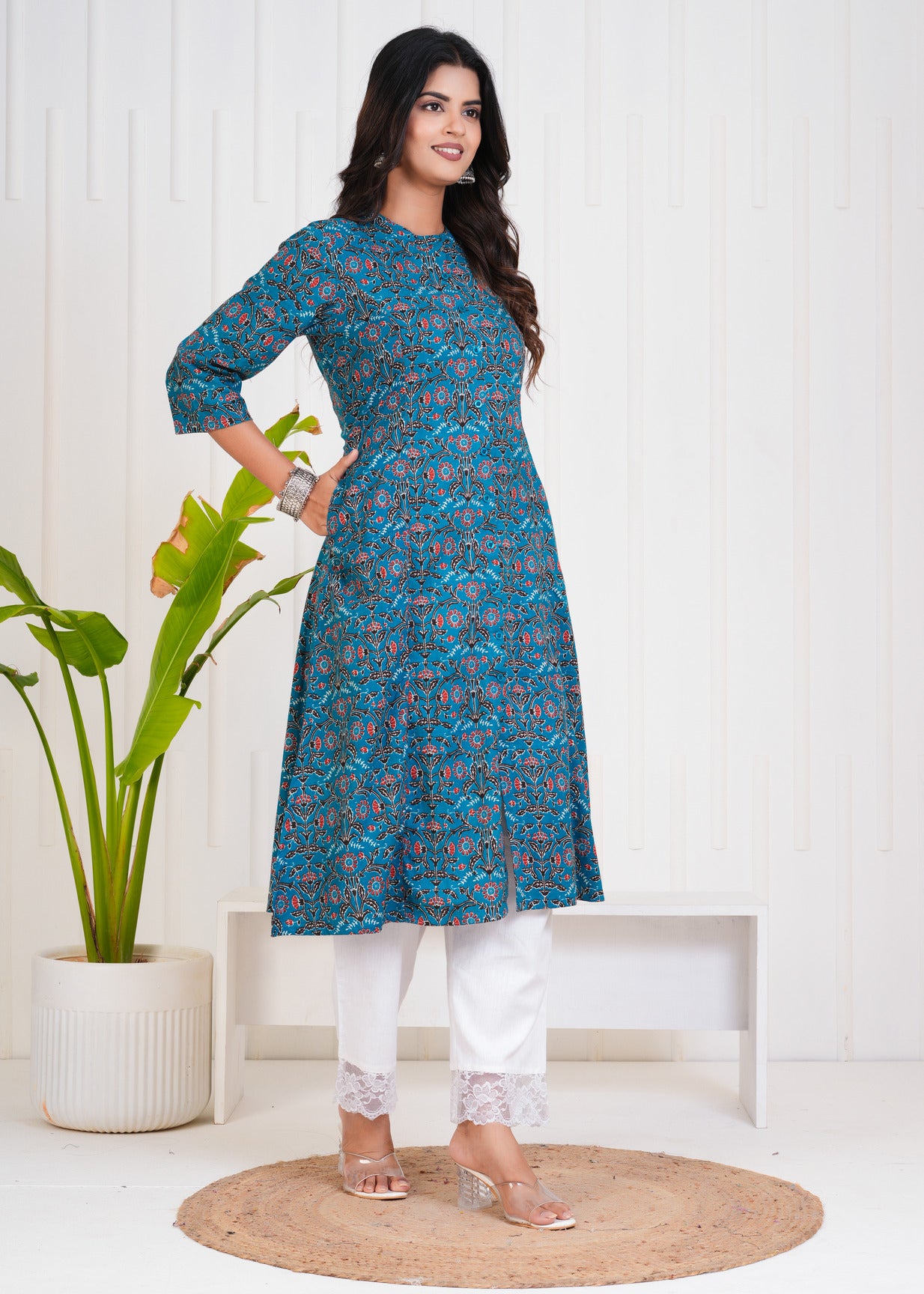 Navy Blue With Floral Print Cotton Kurti